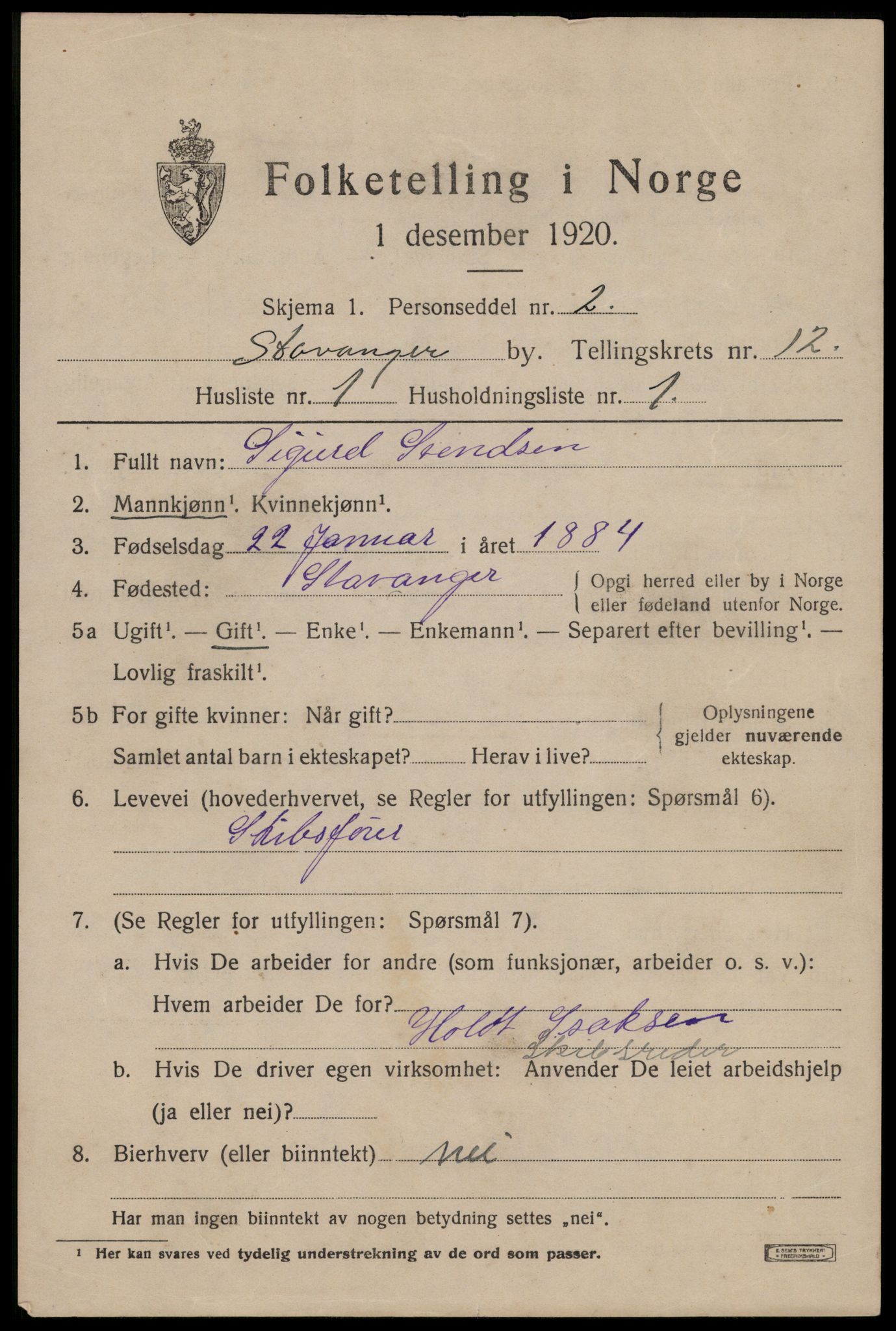 SAST, 1920 census for Stavanger, 1920, p. 56068