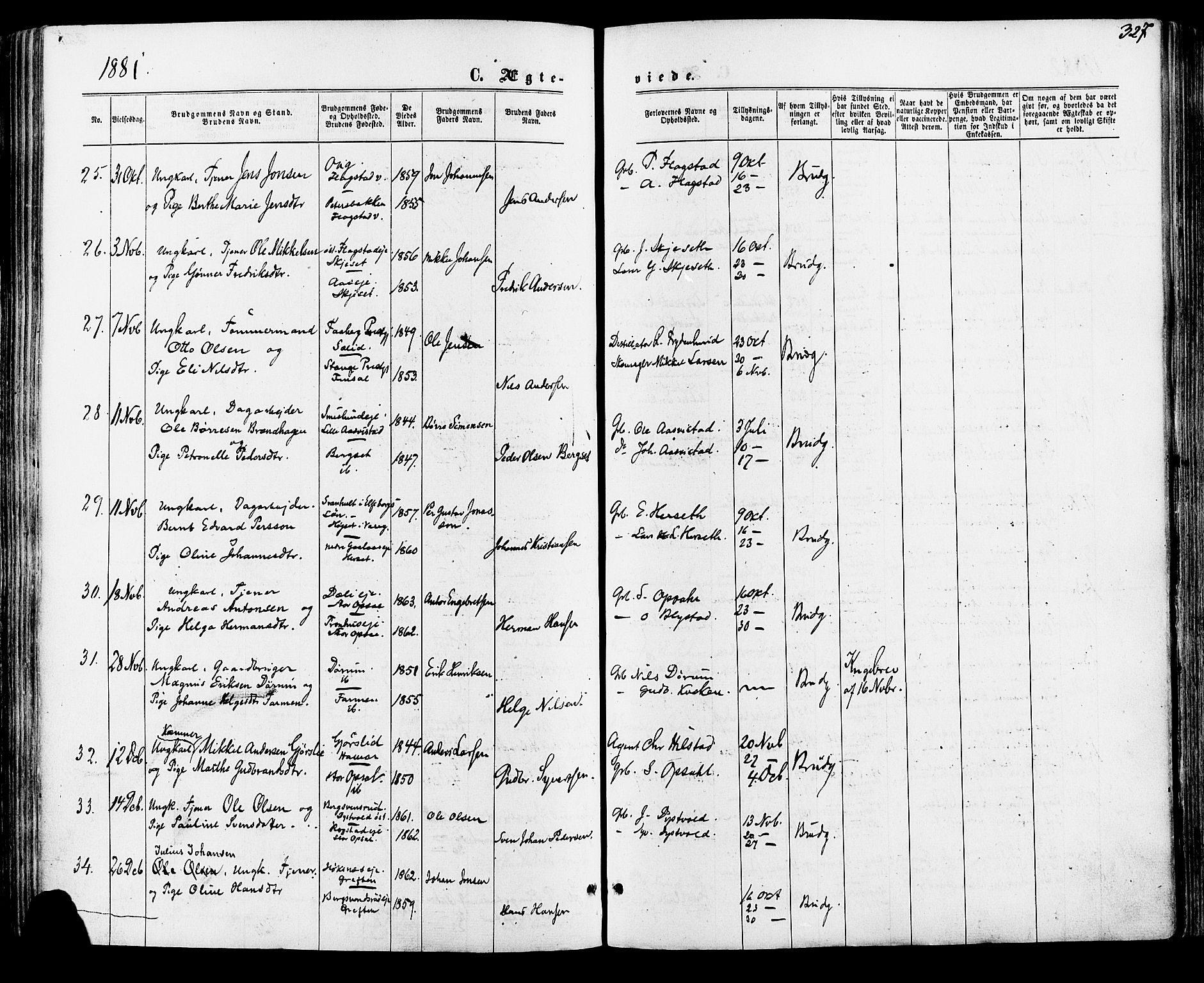 Vang prestekontor, Hedmark, AV/SAH-PREST-008/H/Ha/Haa/L0015: Parish register (official) no. 15, 1871-1885, p. 327