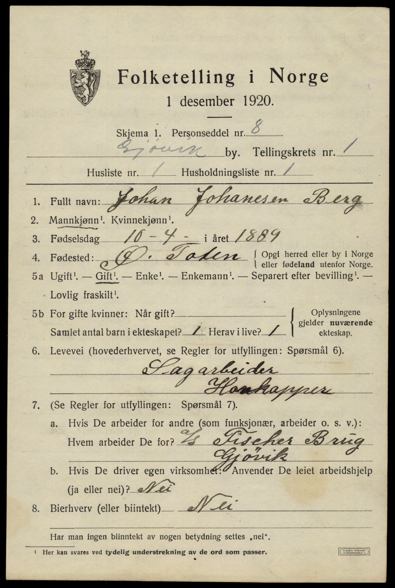 SAH, 1920 census for Gjøvik, 1920, p. 2408