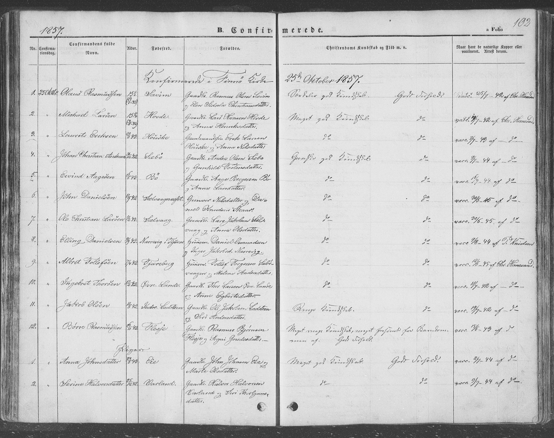 Finnøy sokneprestkontor, SAST/A-101825/H/Ha/Haa/L0007: Parish register (official) no. A 7, 1847-1862, p. 102