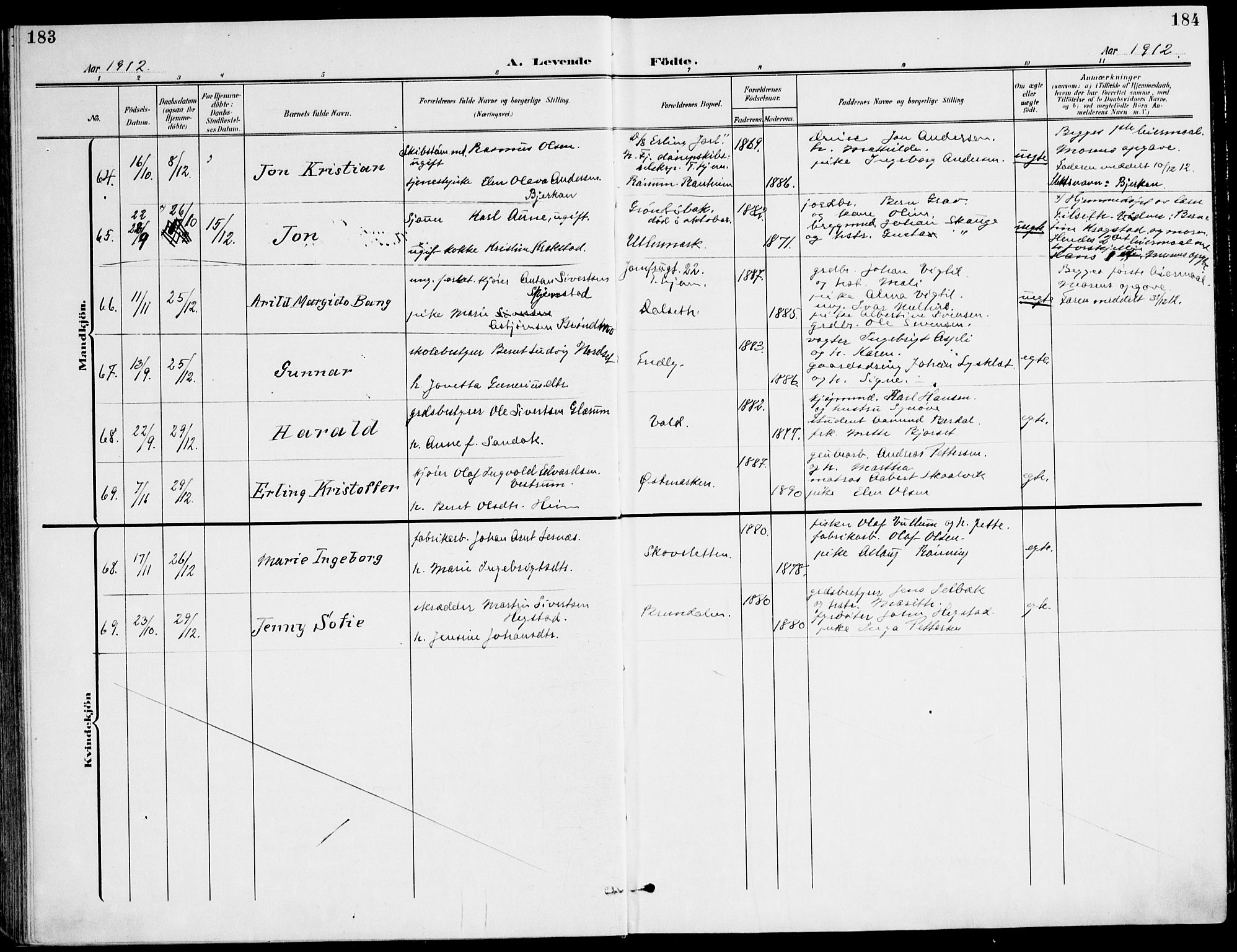 Ministerialprotokoller, klokkerbøker og fødselsregistre - Sør-Trøndelag, SAT/A-1456/607/L0320: Parish register (official) no. 607A04, 1907-1915, p. 183-184
