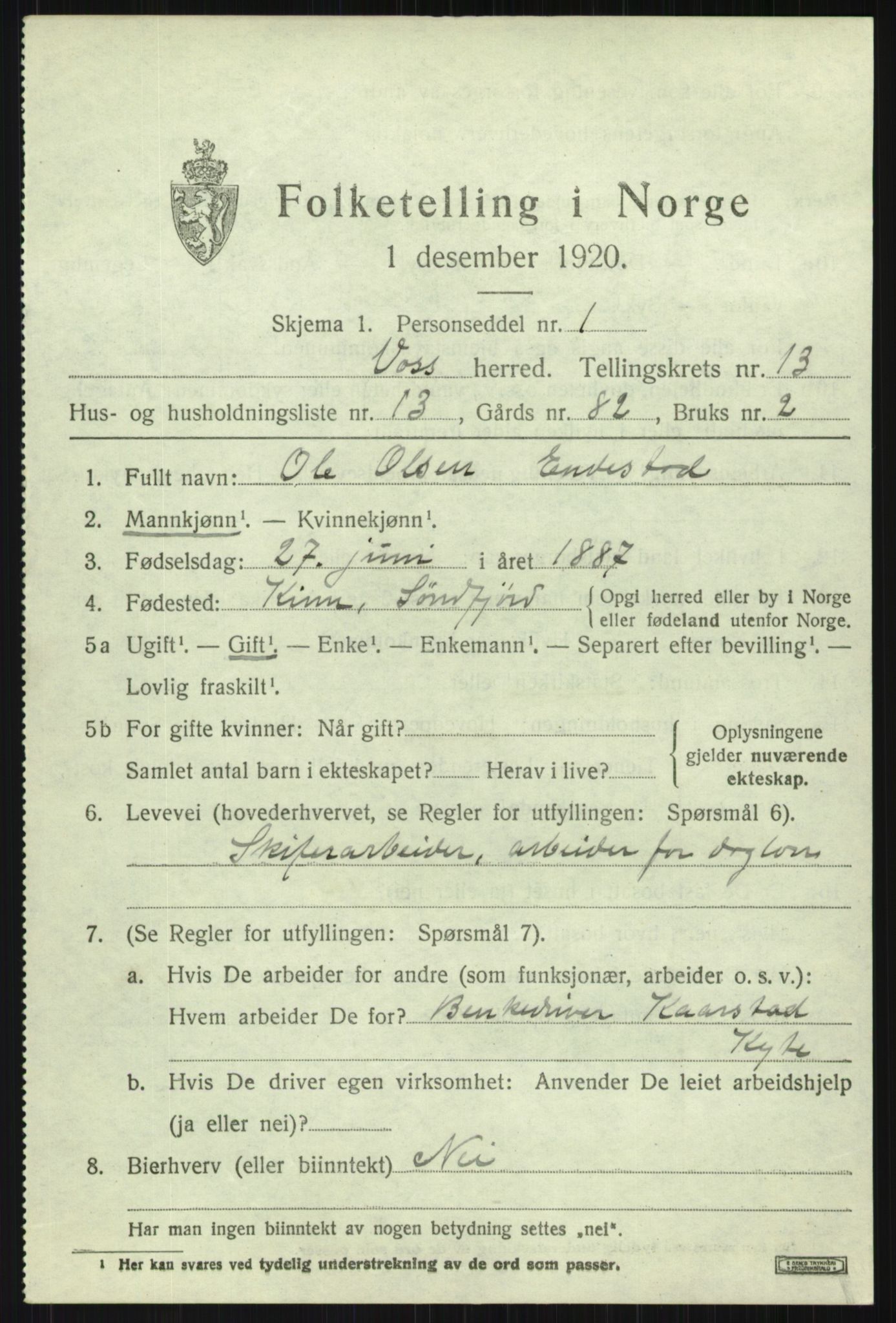 SAB, 1920 census for Voss, 1920, p. 11303