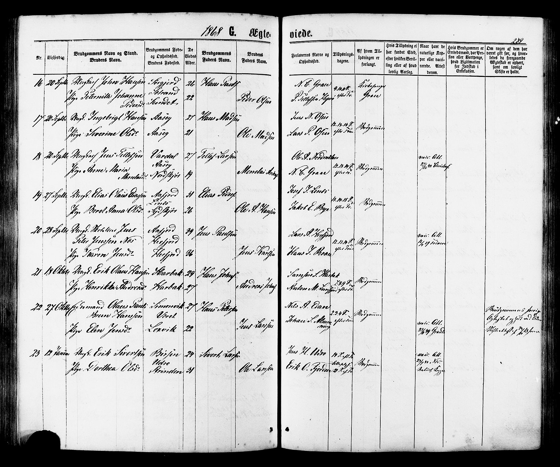 Ministerialprotokoller, klokkerbøker og fødselsregistre - Sør-Trøndelag, SAT/A-1456/657/L0706: Parish register (official) no. 657A07, 1867-1878, p. 289