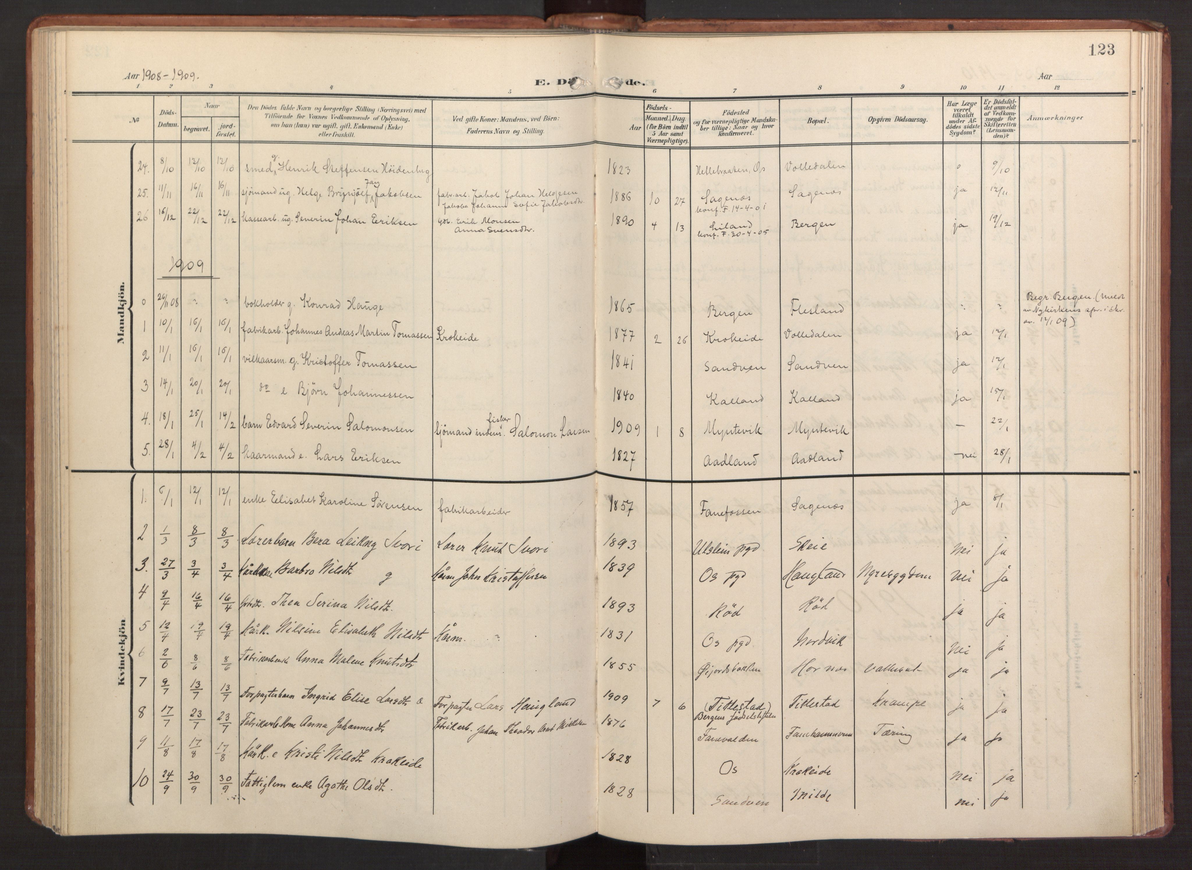 Fana Sokneprestembete, AV/SAB-A-75101/H/Haa/Haab/L0004: Parish register (official) no. B 4, 1908-1915, p. 123