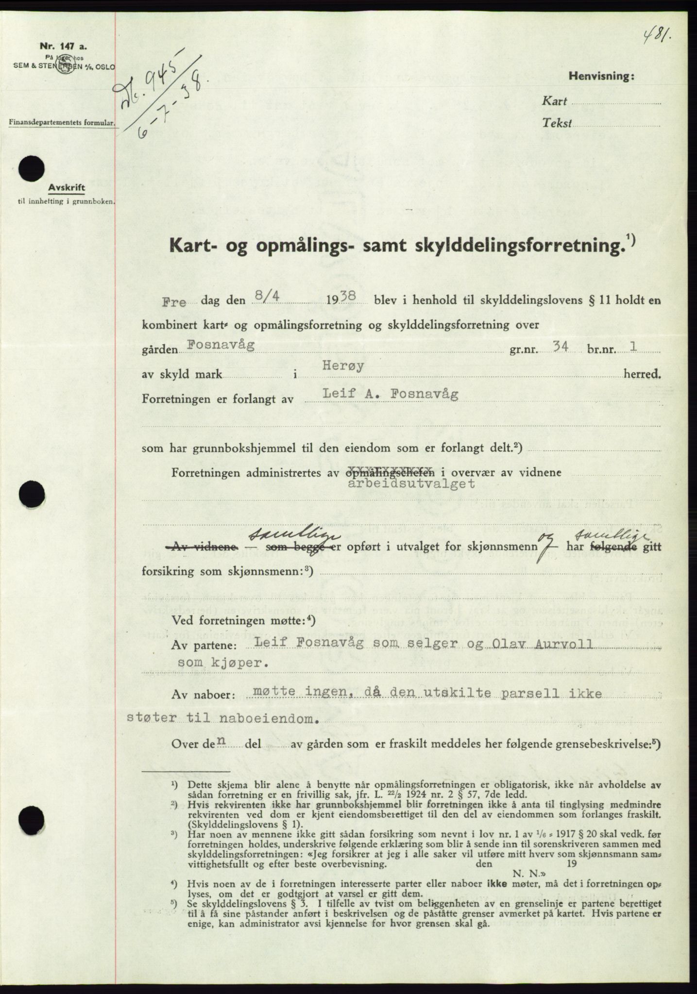 Søre Sunnmøre sorenskriveri, AV/SAT-A-4122/1/2/2C/L0065: Mortgage book no. 59, 1938-1938, Diary no: : 945/1938