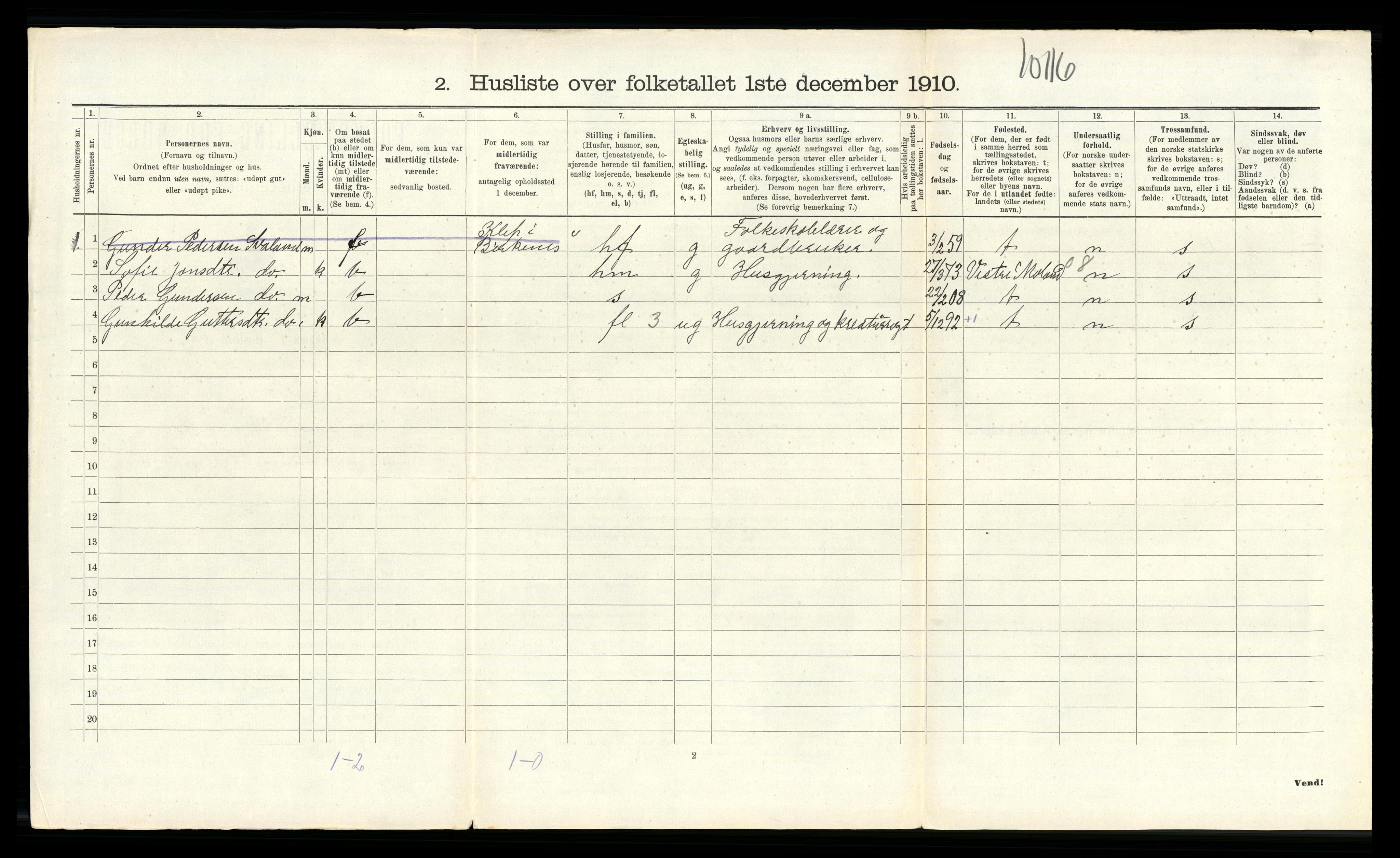 RA, 1910 census for Birkenes, 1910, p. 485