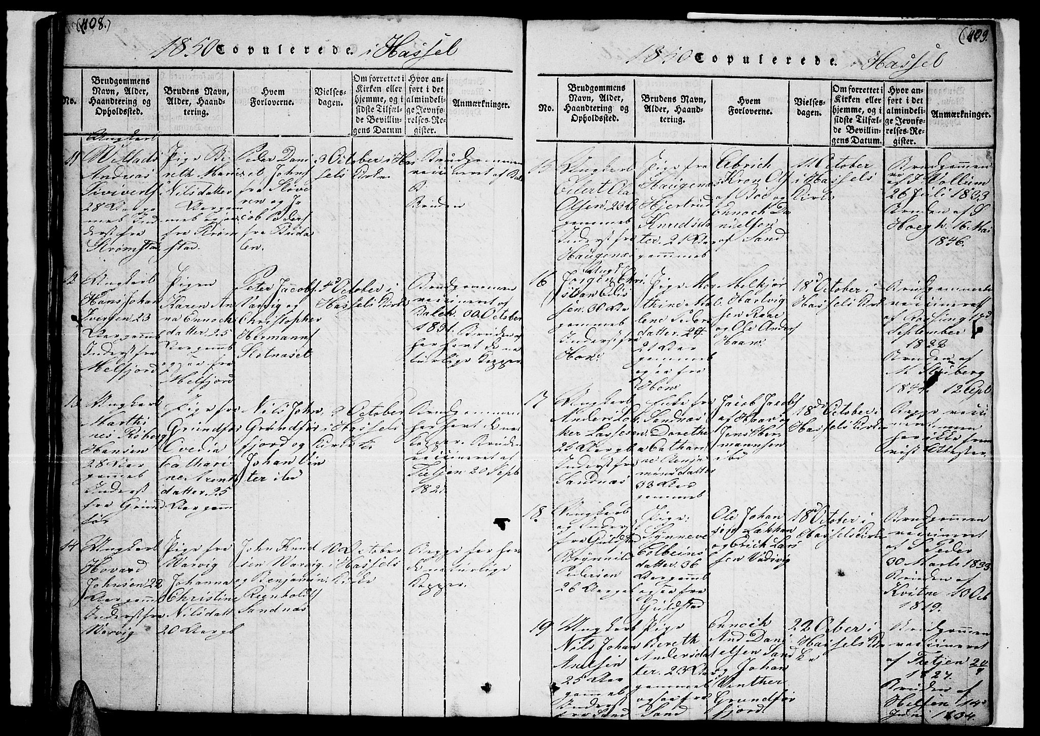 Ministerialprotokoller, klokkerbøker og fødselsregistre - Nordland, AV/SAT-A-1459/888/L1263: Parish register (copy) no. 888C02 /1, 1820-1850, p. 408-409