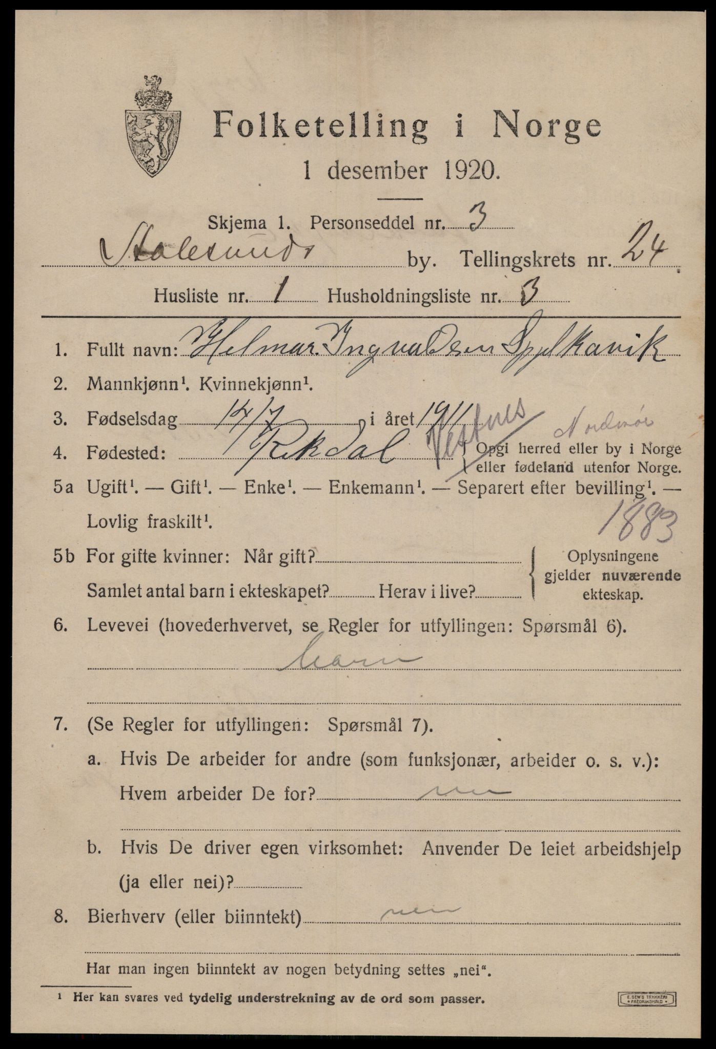 SAT, 1920 census for Ålesund, 1920, p. 43248