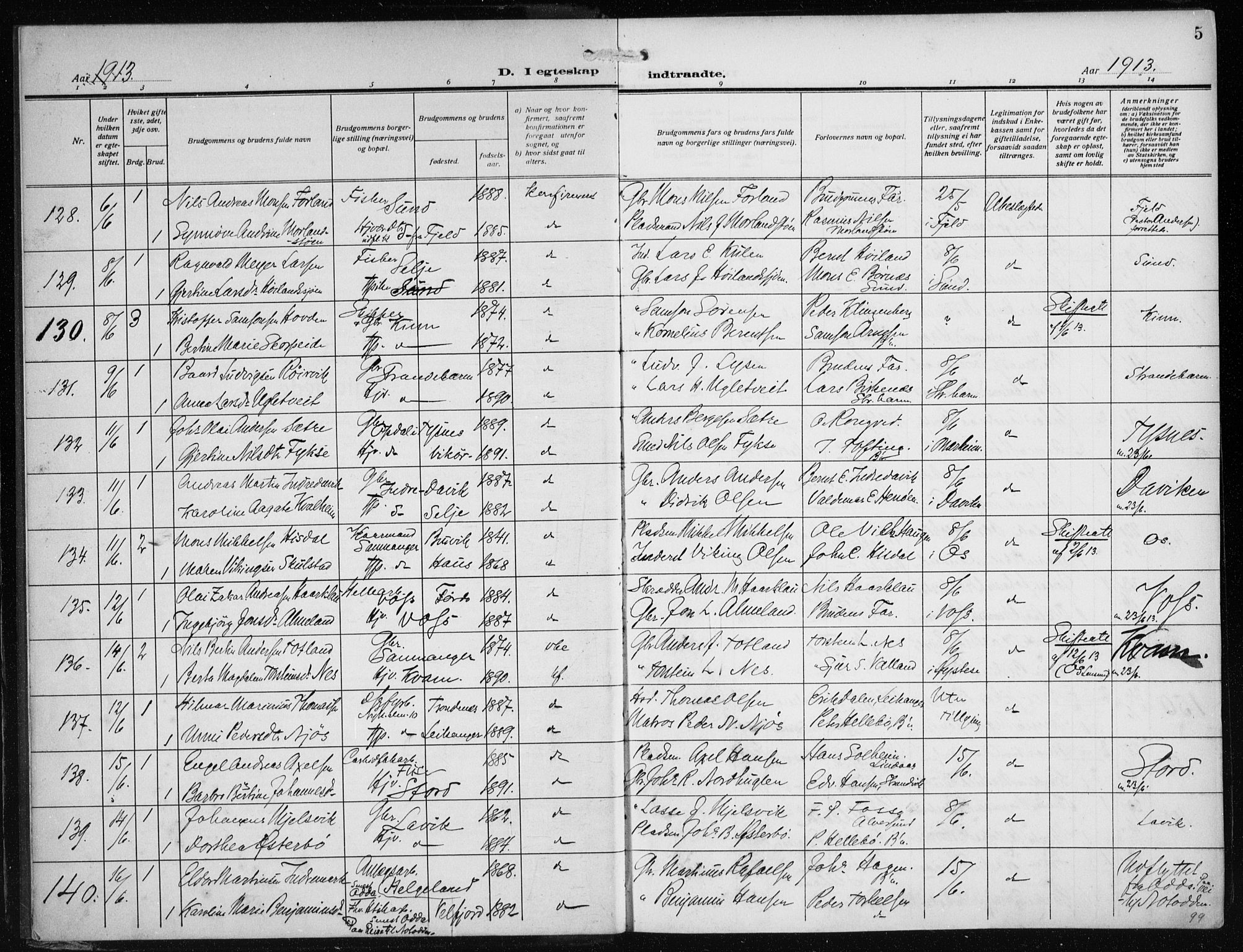 Nykirken Sokneprestembete, SAB/A-77101/H/Haa/L0036: Parish register (official) no. D 6, 1913-1918, p. 5