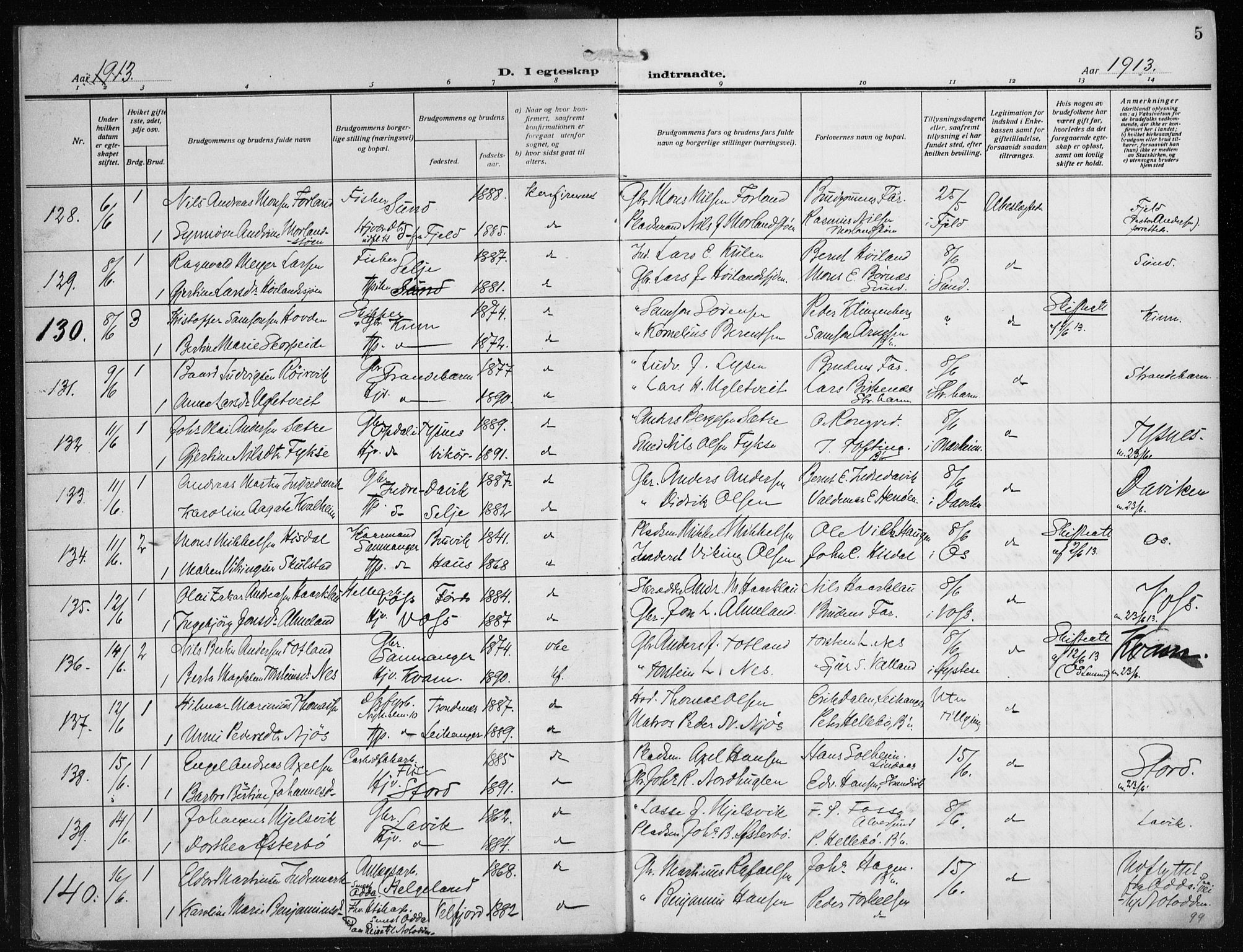 Nykirken Sokneprestembete, AV/SAB-A-77101/H/Haa/L0036: Parish register (official) no. D 6, 1913-1918, p. 5