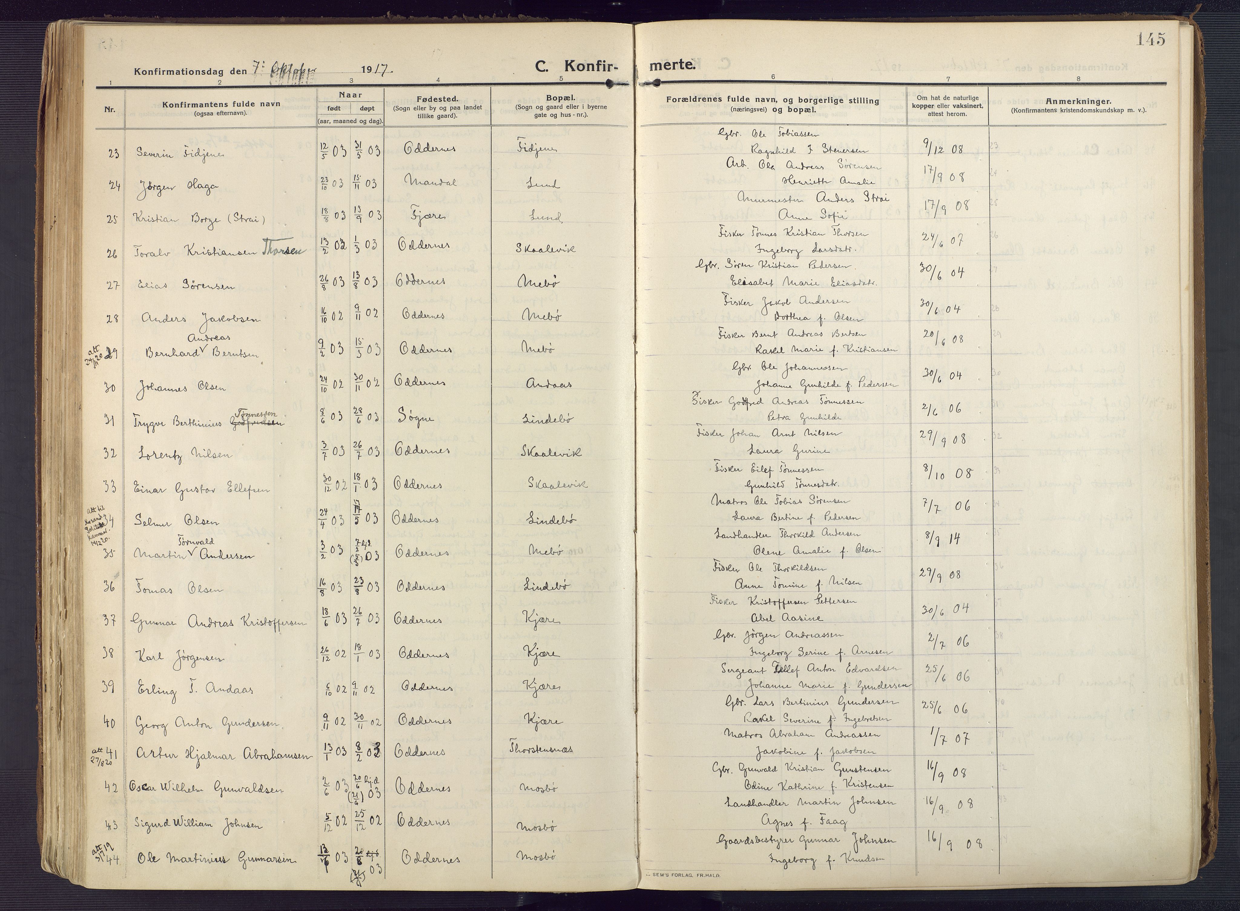 Oddernes sokneprestkontor, AV/SAK-1111-0033/F/Fa/Faa/L0012: Parish register (official) no. A 12, 1912-1925, p. 145