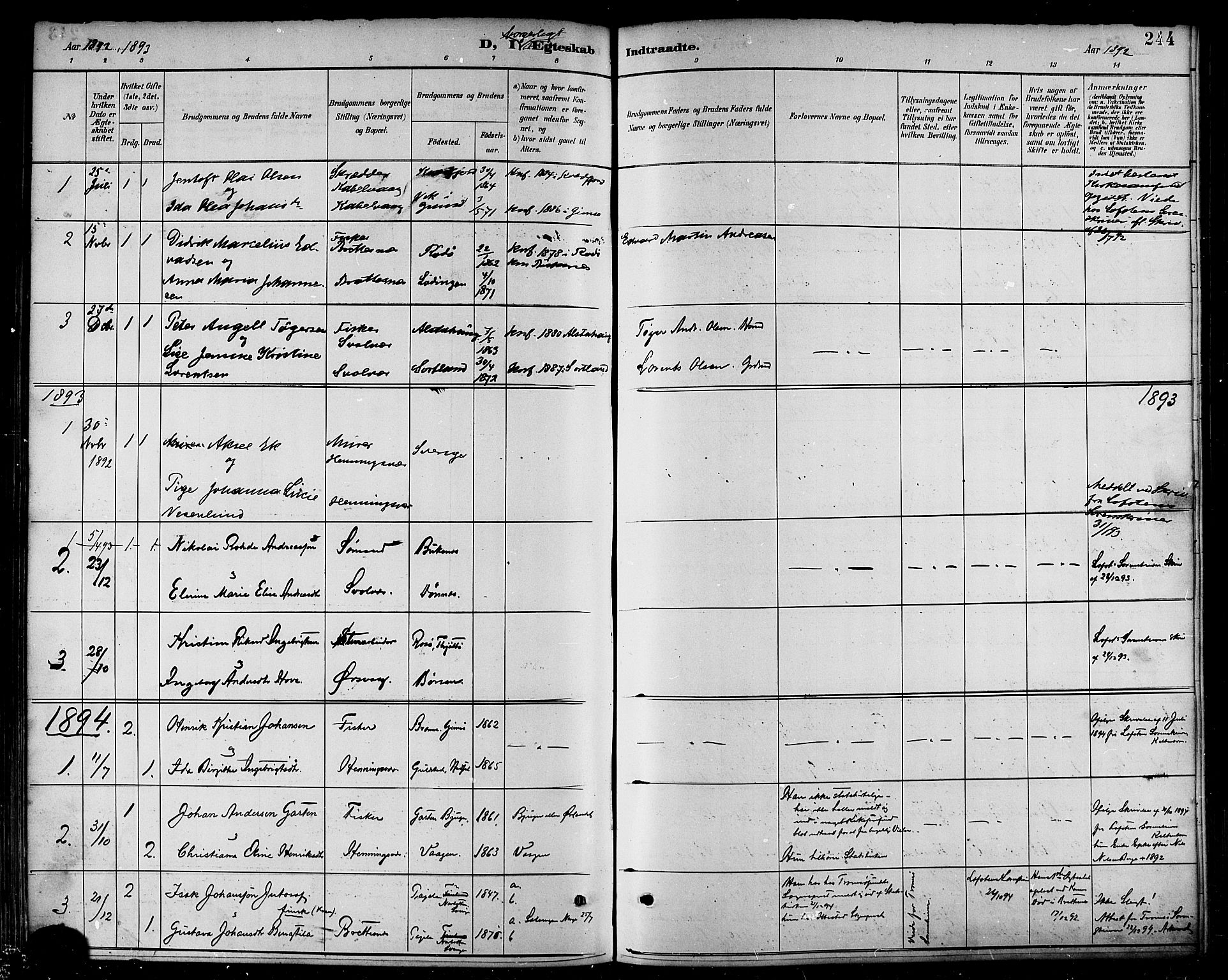 Ministerialprotokoller, klokkerbøker og fødselsregistre - Nordland, AV/SAT-A-1459/874/L1060: Parish register (official) no. 874A04, 1890-1899, p. 244