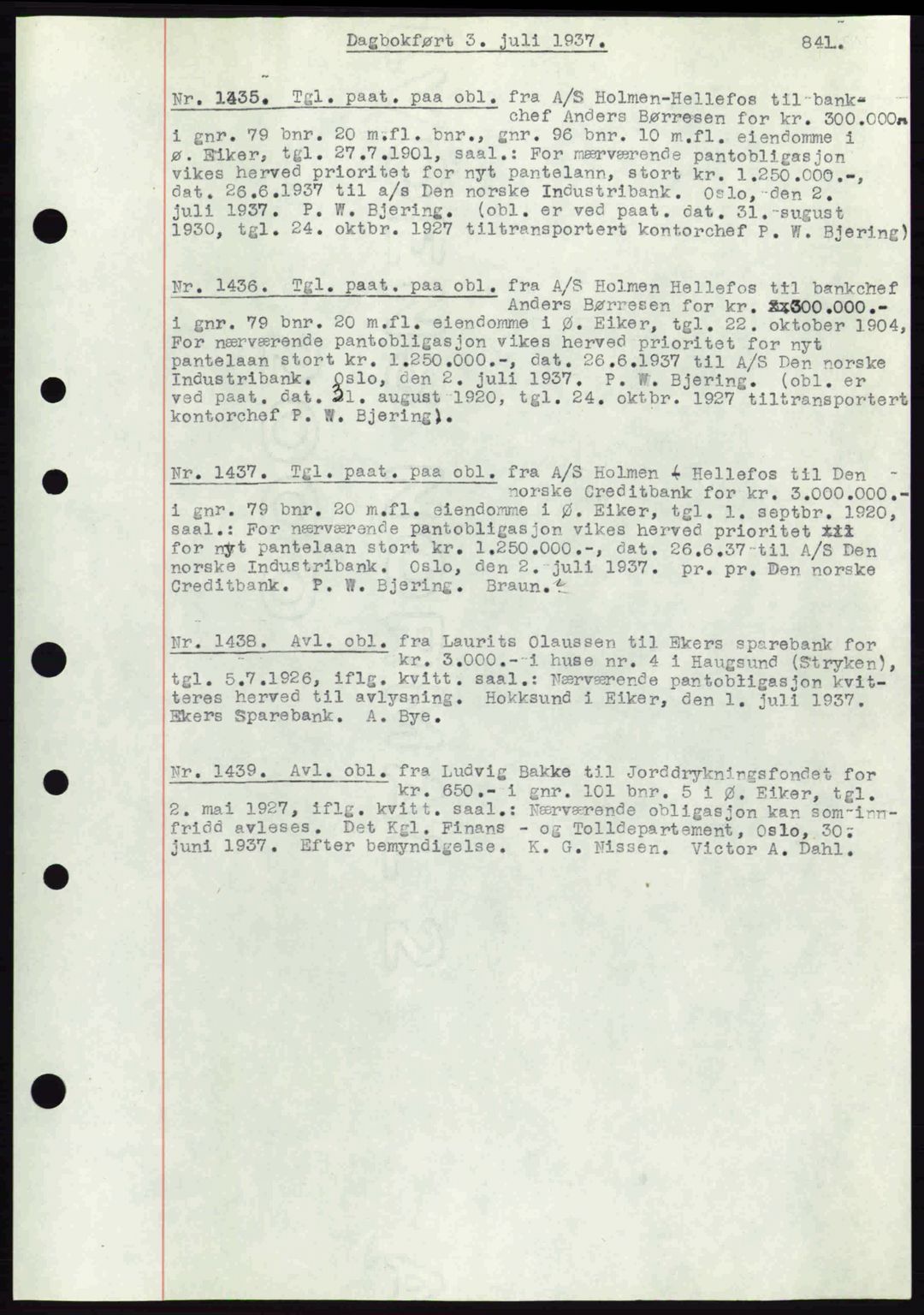 Eiker, Modum og Sigdal sorenskriveri, SAKO/A-123/G/Ga/Gab/L0035: Mortgage book no. A5, 1937-1937, Diary no: : 1435/1937
