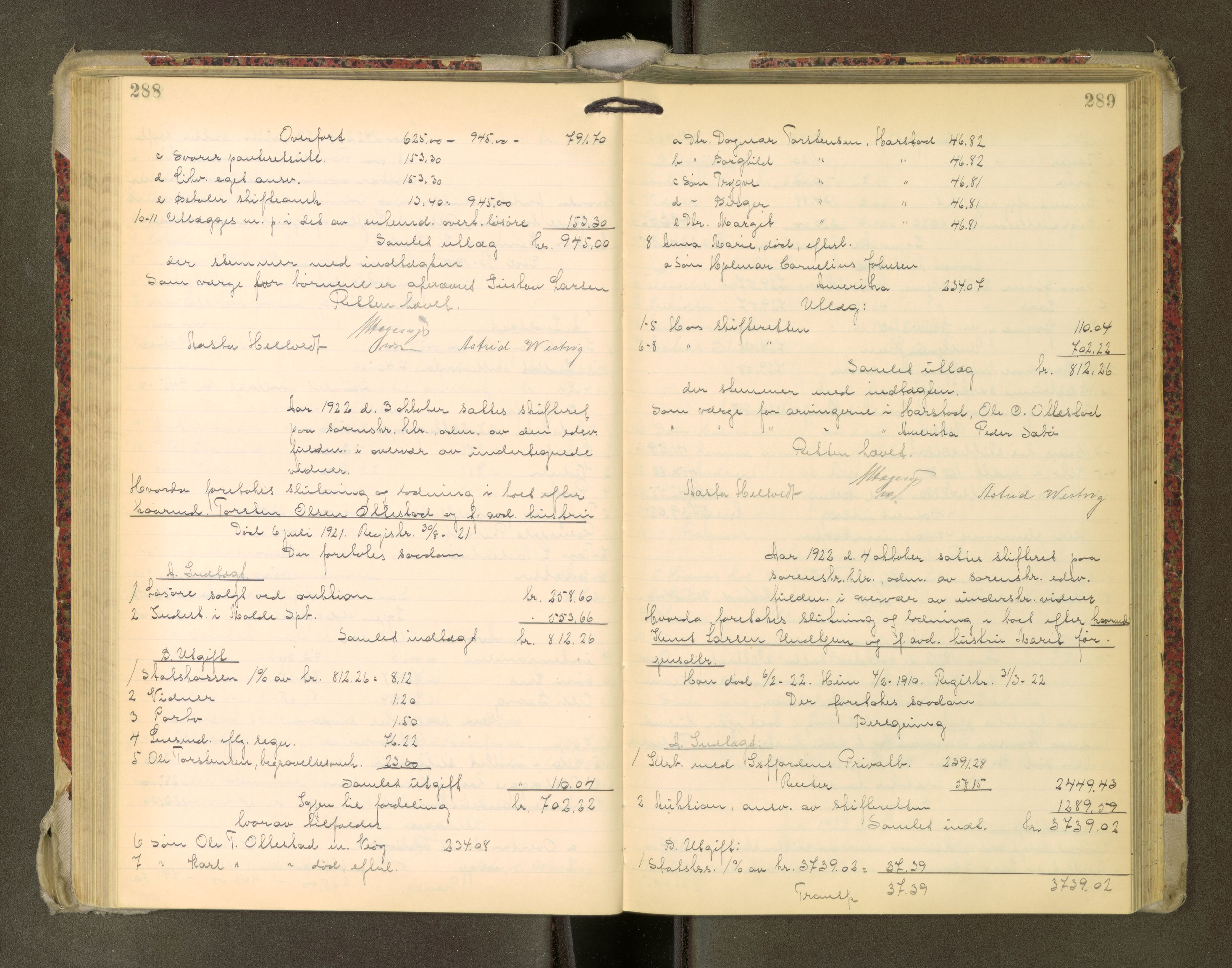 Romsdal sorenskriveri, AV/SAT-A-4149/1/3/3A/L0022: Skifteutlodnings Protokoll, 1920-1924, p. 288-289