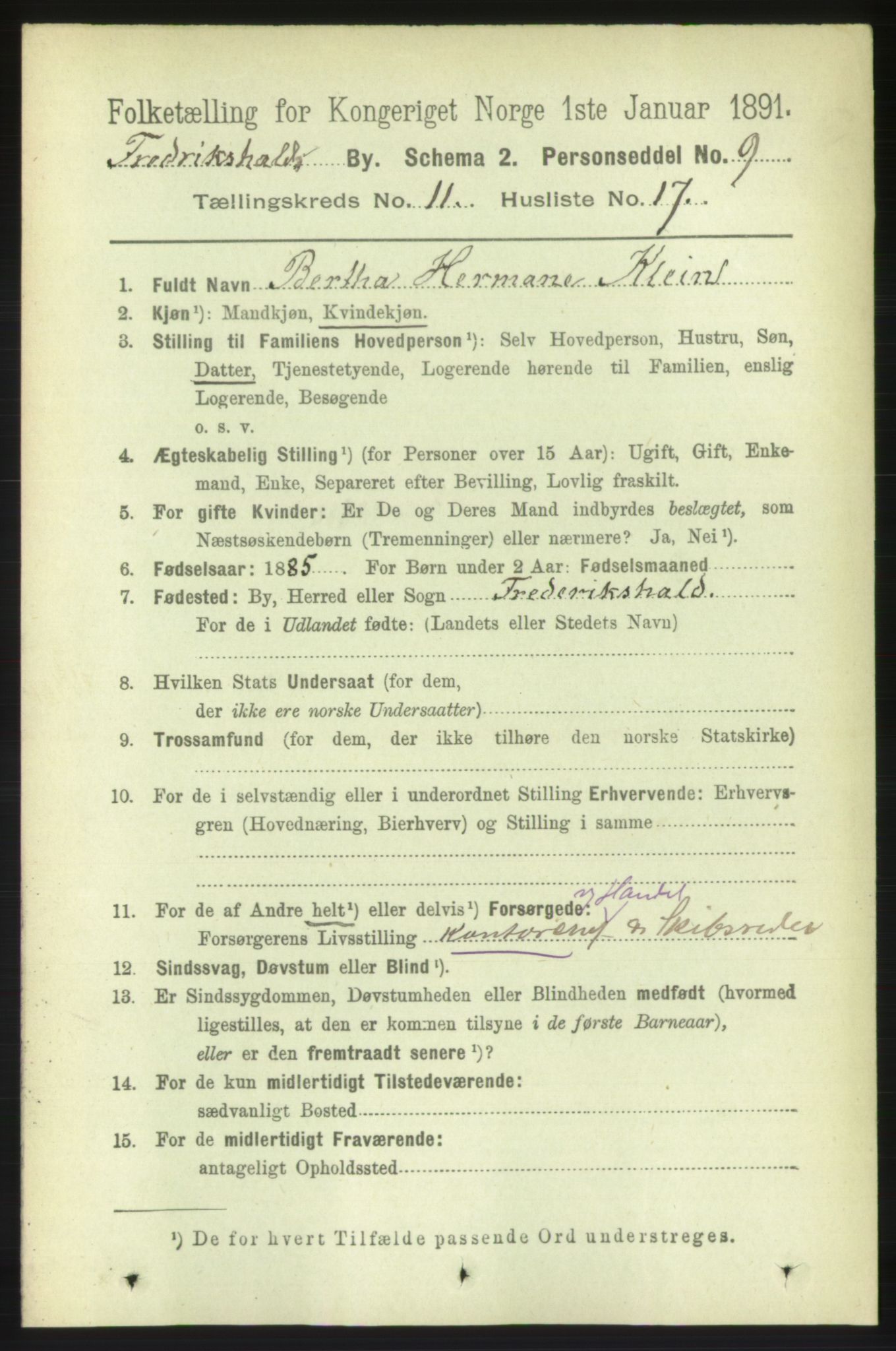 RA, 1891 census for 0101 Fredrikshald, 1891, p. 7852