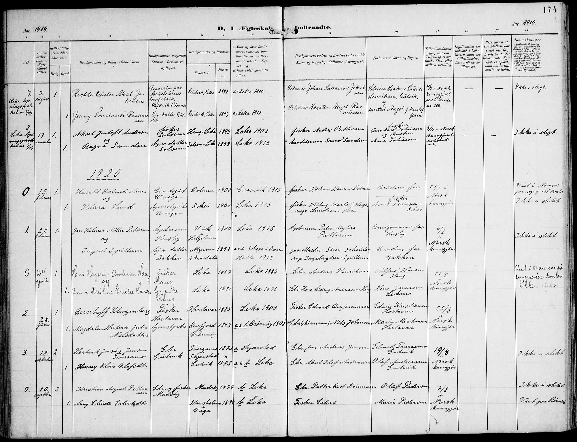 Ministerialprotokoller, klokkerbøker og fødselsregistre - Nord-Trøndelag, AV/SAT-A-1458/788/L0698: Parish register (official) no. 788A05, 1902-1921, p. 174