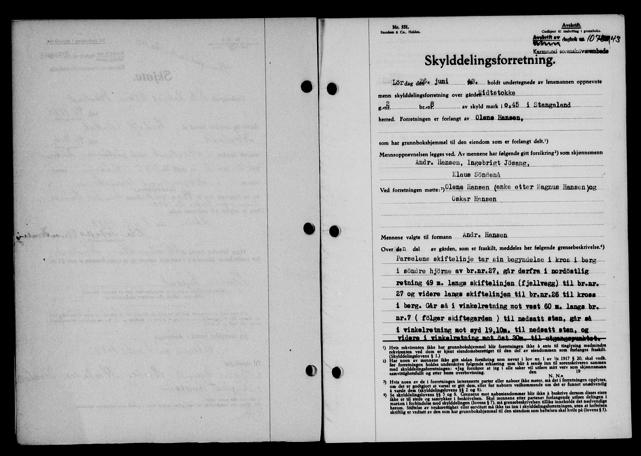 Karmsund sorenskriveri, SAST/A-100311/01/II/IIB/L0080: Mortgage book no. 61A, 1943-1943, Diary no: : 1073/1943