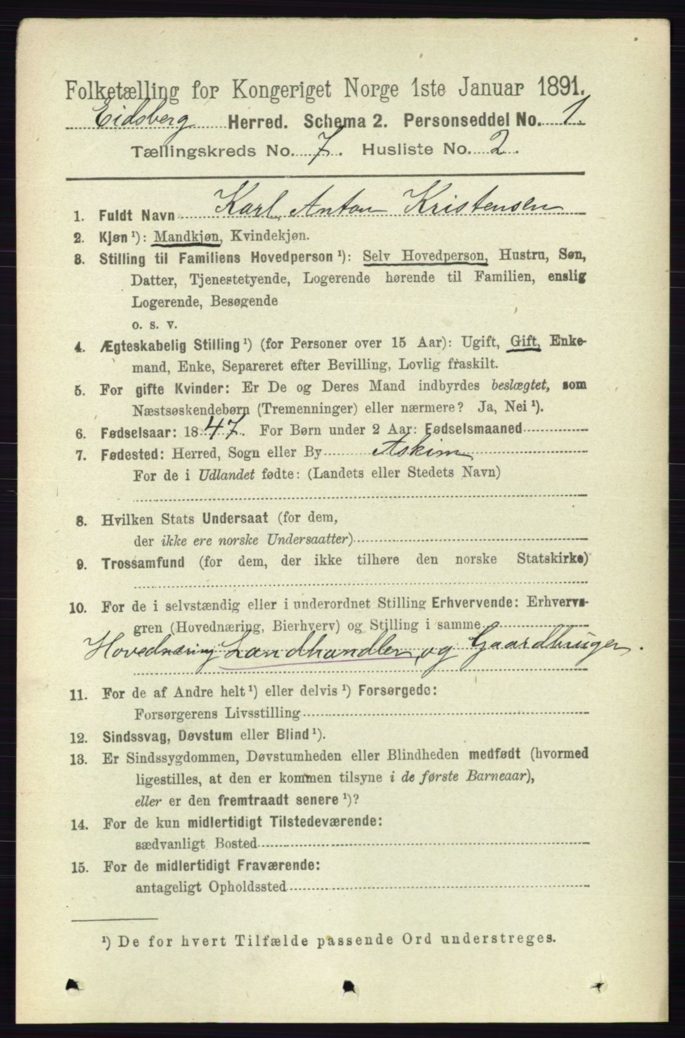 RA, 1891 census for 0125 Eidsberg, 1891, p. 4111