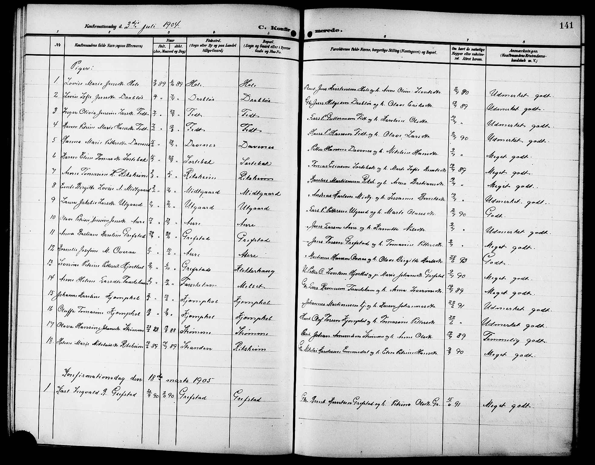 Ministerialprotokoller, klokkerbøker og fødselsregistre - Møre og Romsdal, AV/SAT-A-1454/523/L0341: Parish register (copy) no. 523C04, 1903-1916, p. 141