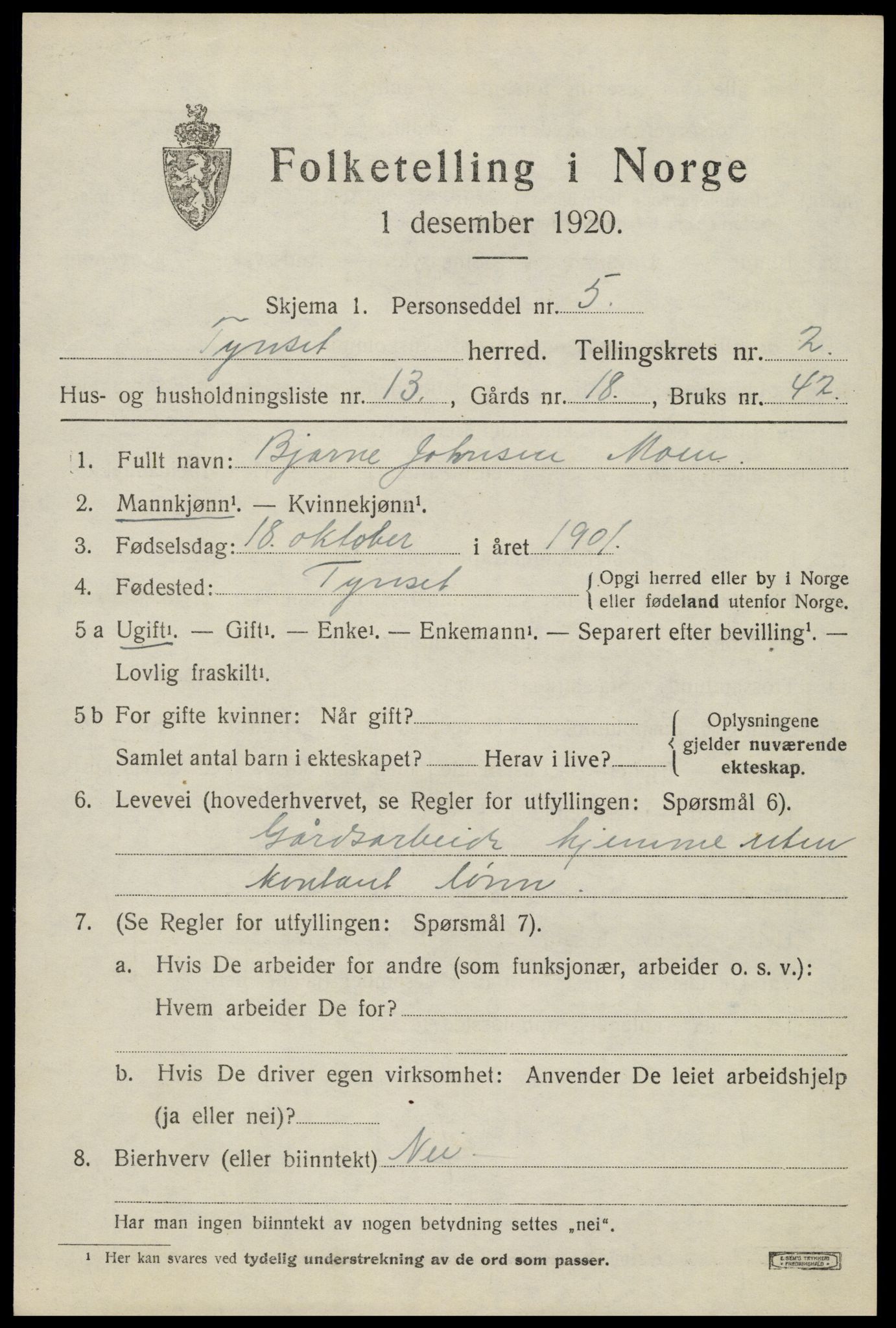 SAH, 1920 census for Tynset, 1920, p. 2434