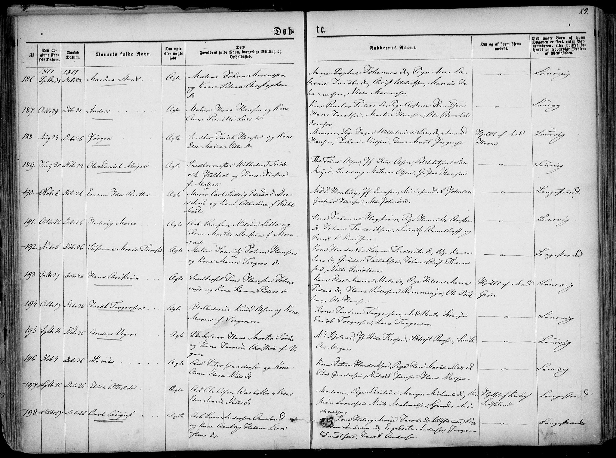 Larvik kirkebøker, AV/SAKO-A-352/F/Fa/L0004: Parish register (official) no. I 4, 1856-1870, p. 89