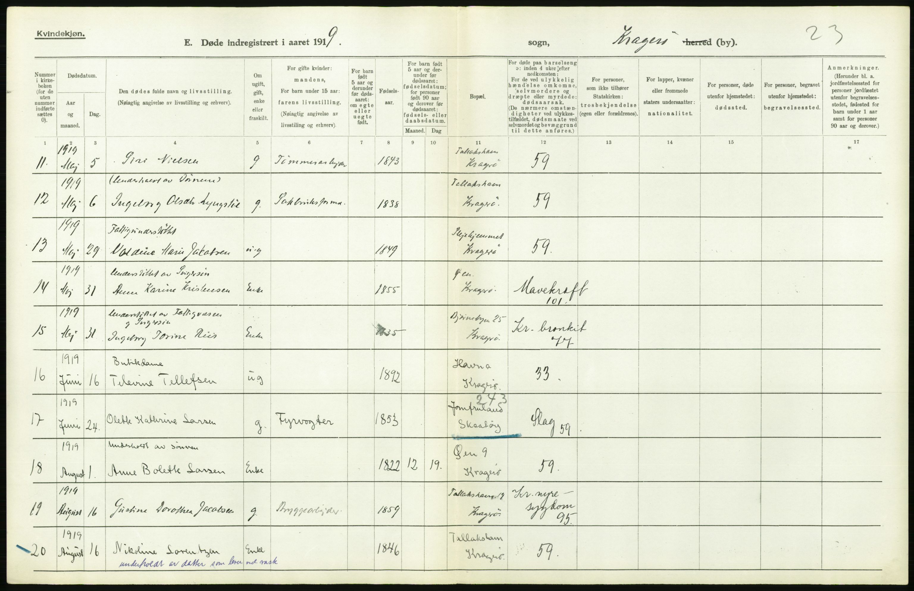 Statistisk sentralbyrå, Sosiodemografiske emner, Befolkning, AV/RA-S-2228/D/Df/Dfb/Dfbi/L0023: Telemark fylke: Døde. Bygder og byer., 1919, p. 426