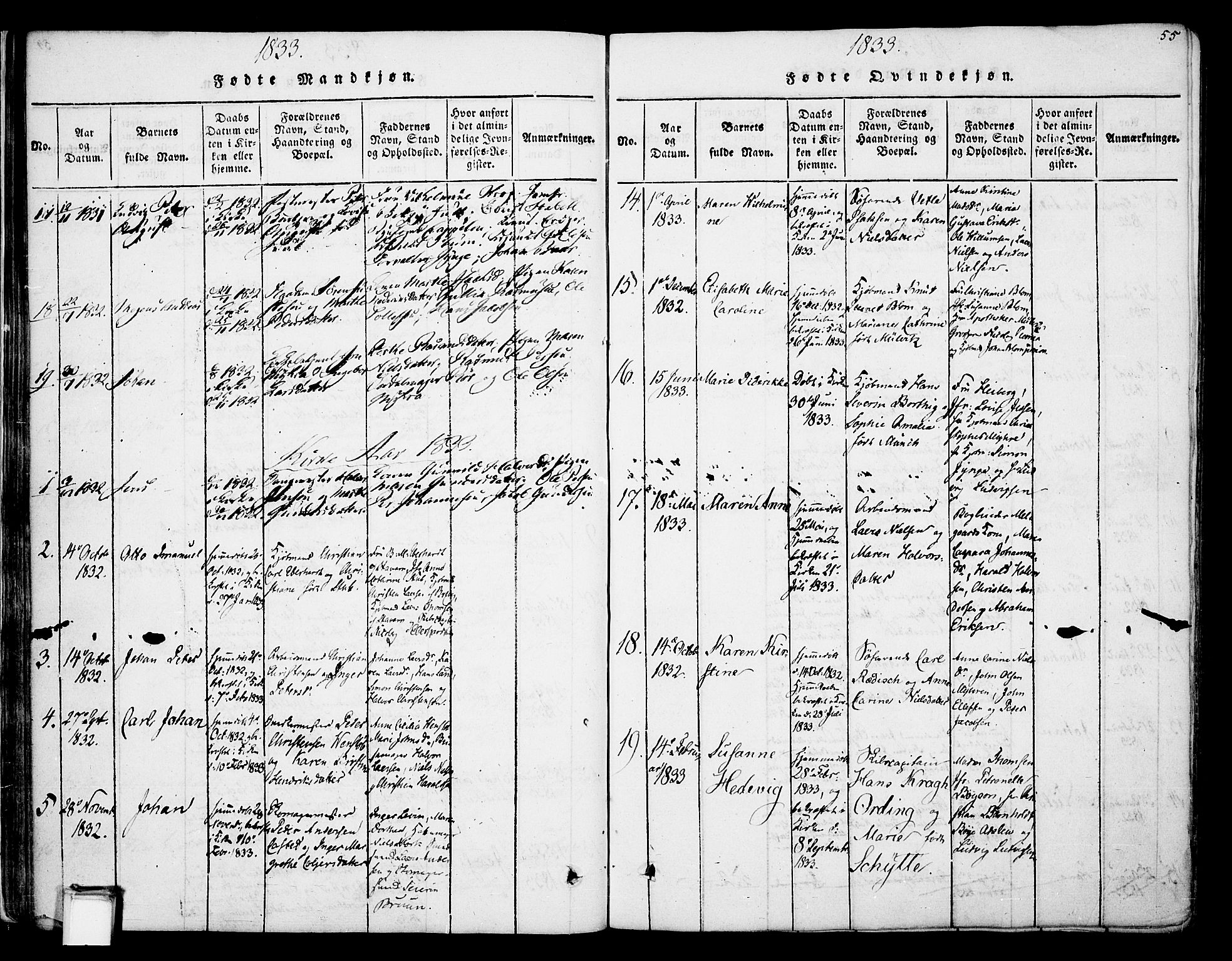 Skien kirkebøker, SAKO/A-302/F/Fa/L0005: Parish register (official) no. 5, 1814-1843, p. 55