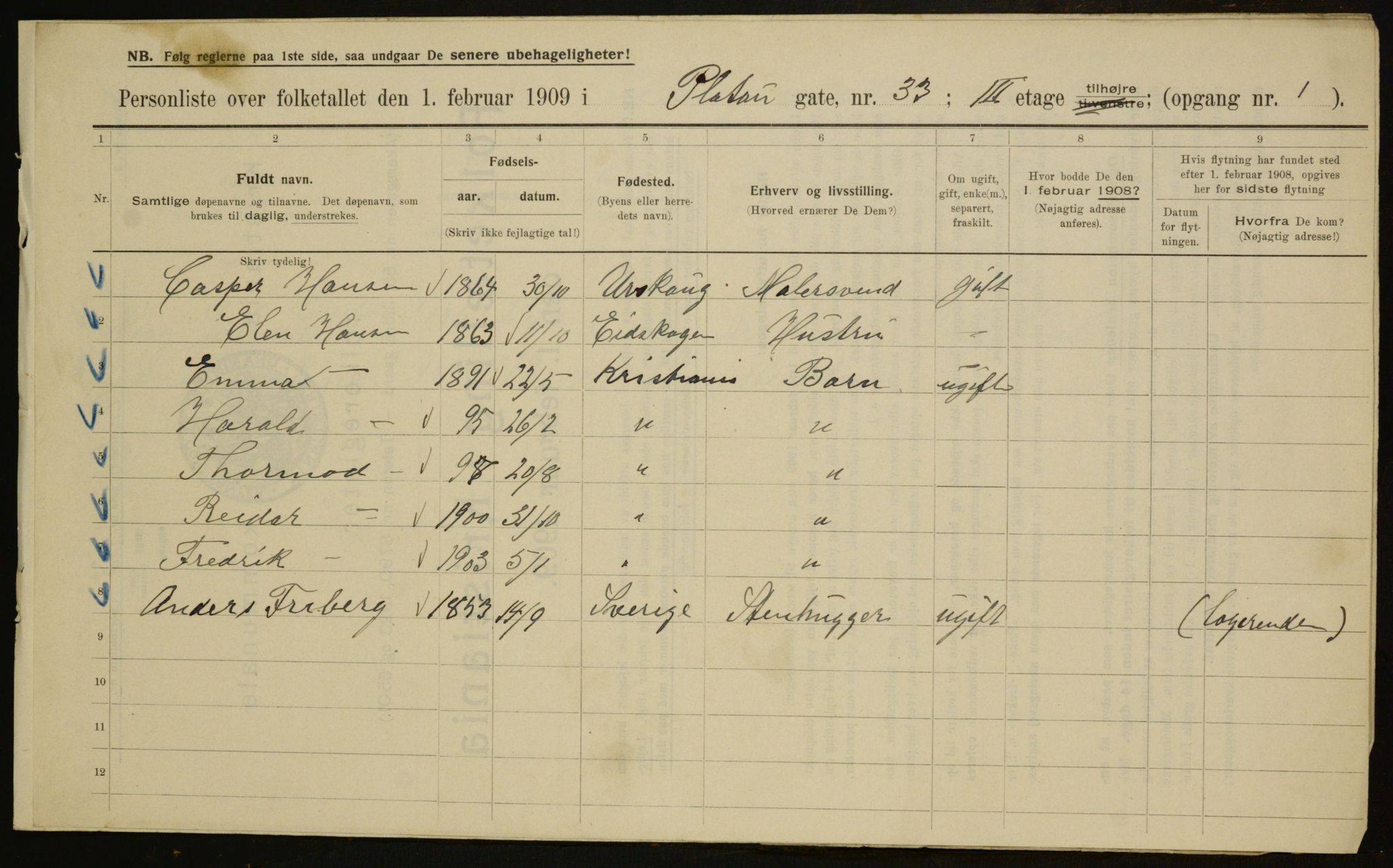 OBA, Municipal Census 1909 for Kristiania, 1909, p. 73218