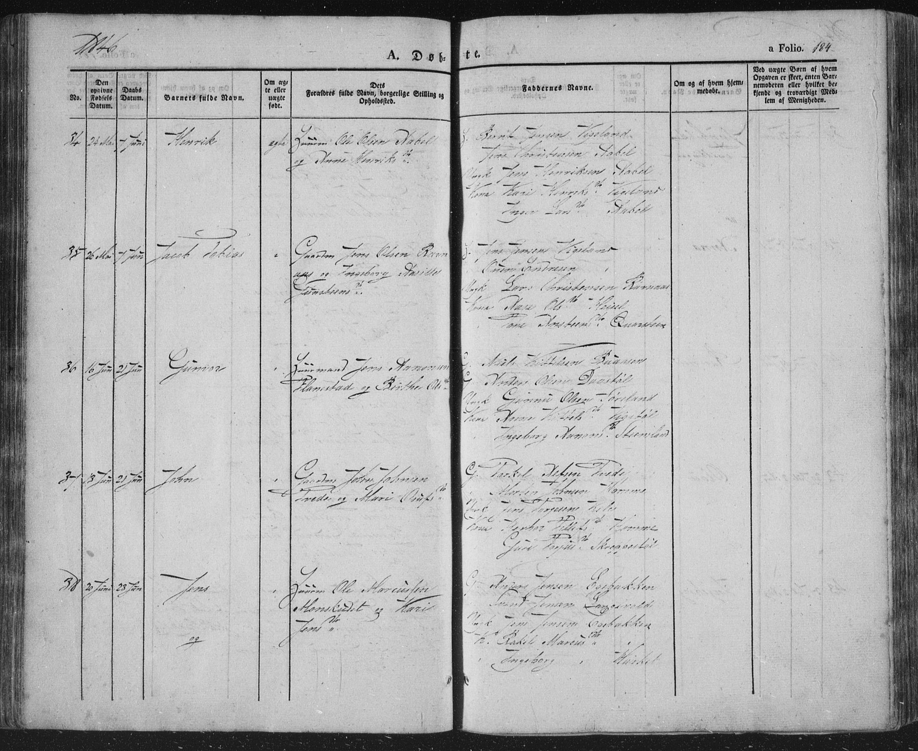 Vennesla sokneprestkontor, AV/SAK-1111-0045/Fa/Fac/L0004: Parish register (official) no. A 4, 1834-1855, p. 184