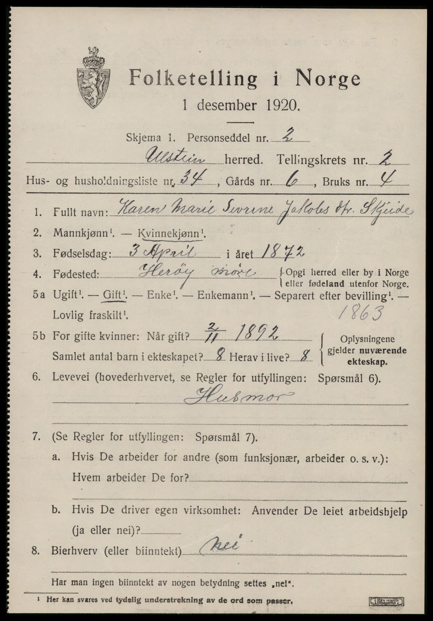 SAT, 1920 census for Ulstein, 1920, p. 1610