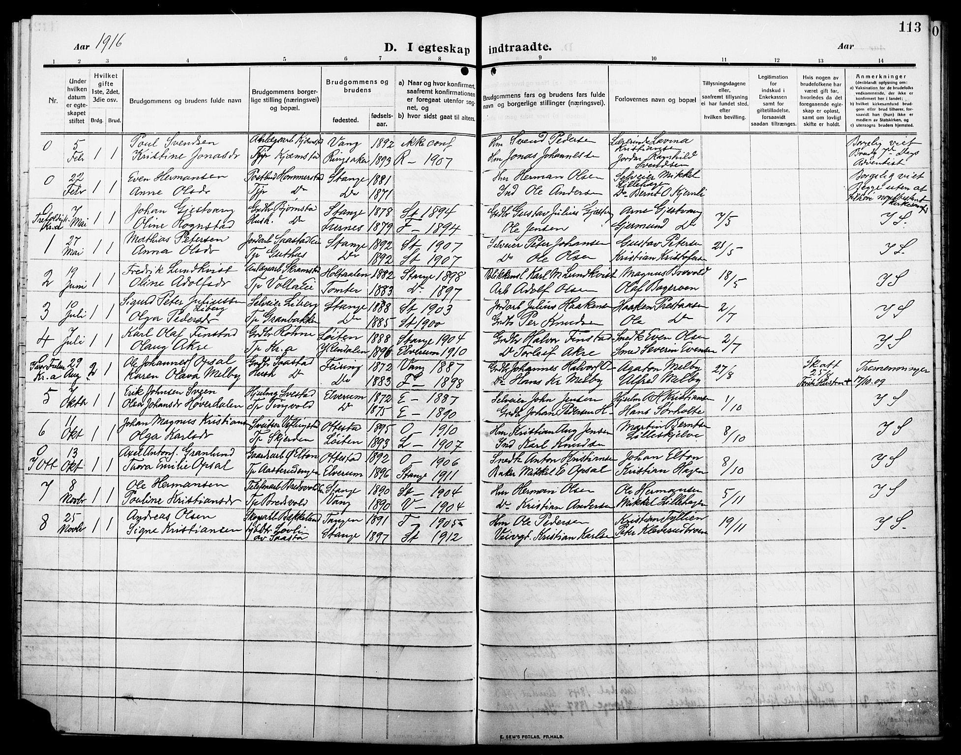 Stange prestekontor, AV/SAH-PREST-002/L/L0014: Parish register (copy) no. 14, 1909-1917, p. 113