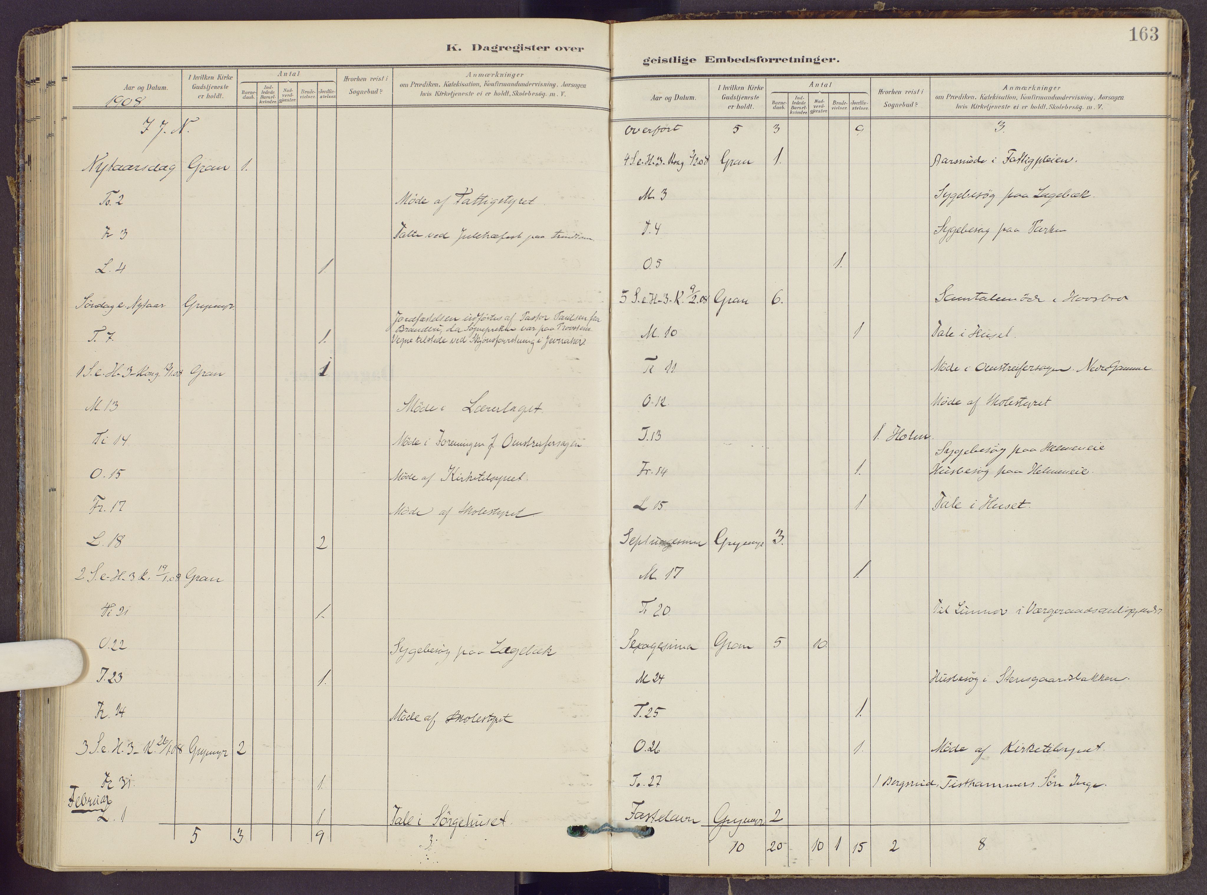 Gran prestekontor, SAH/PREST-112/H/Ha/Haa/L0022: Parish register (official) no. 22, 1908-1918, p. 163