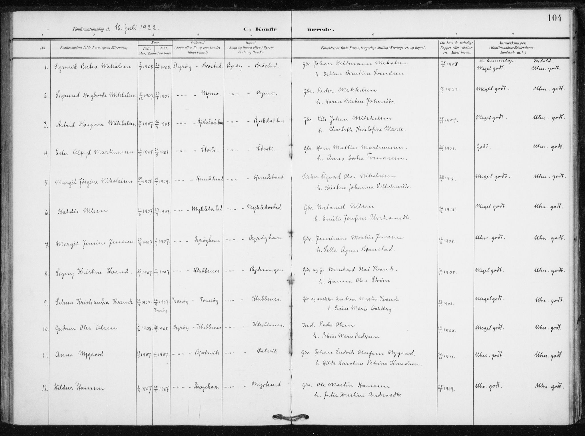 Tranøy sokneprestkontor, SATØ/S-1313/I/Ia/Iaa/L0013kirke: Parish register (official) no. 13, 1905-1922, p. 104