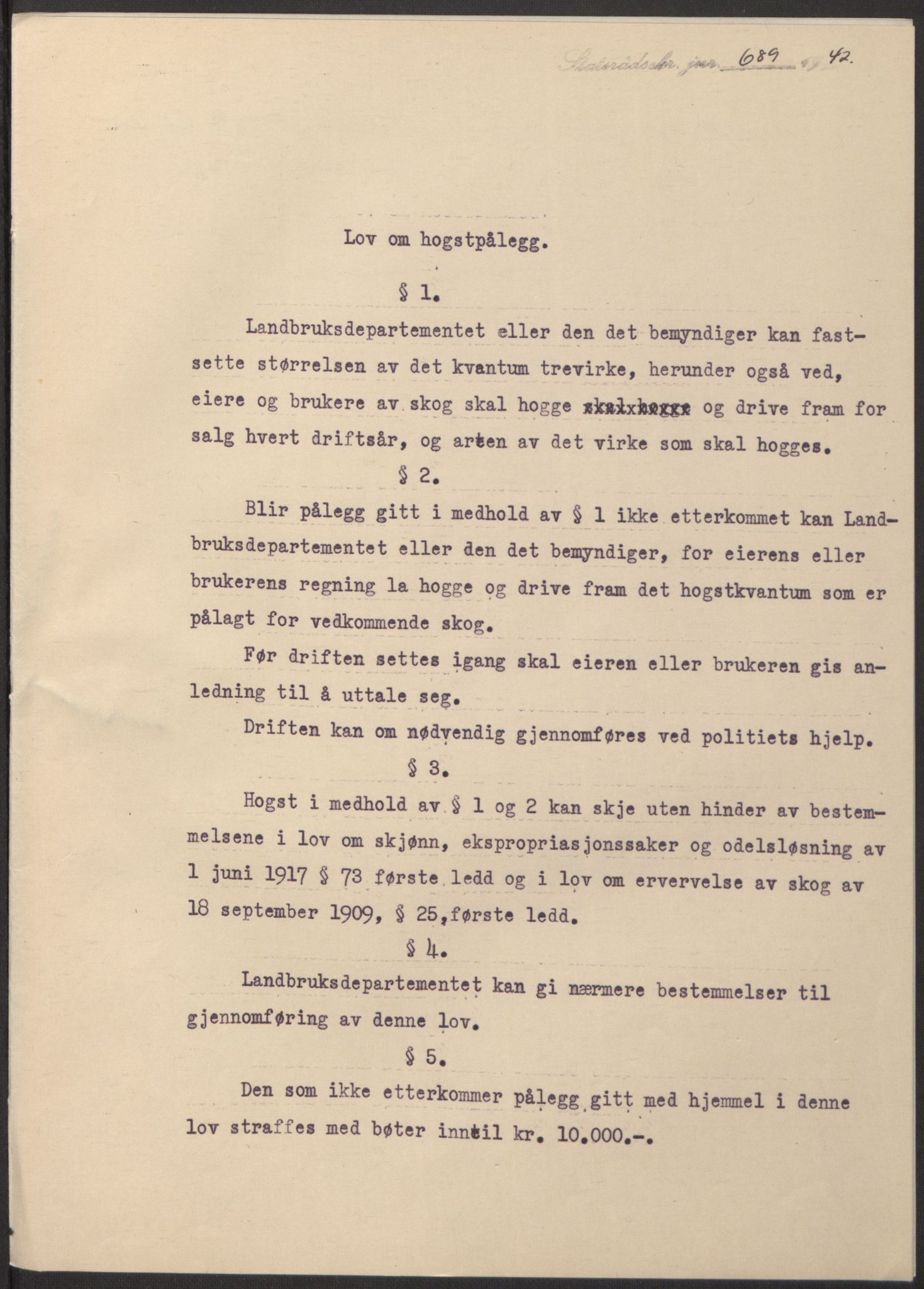 NS-administrasjonen 1940-1945 (Statsrådsekretariatet, de kommisariske statsråder mm), AV/RA-S-4279/D/Db/L0098: Lover II, 1942, p. 351