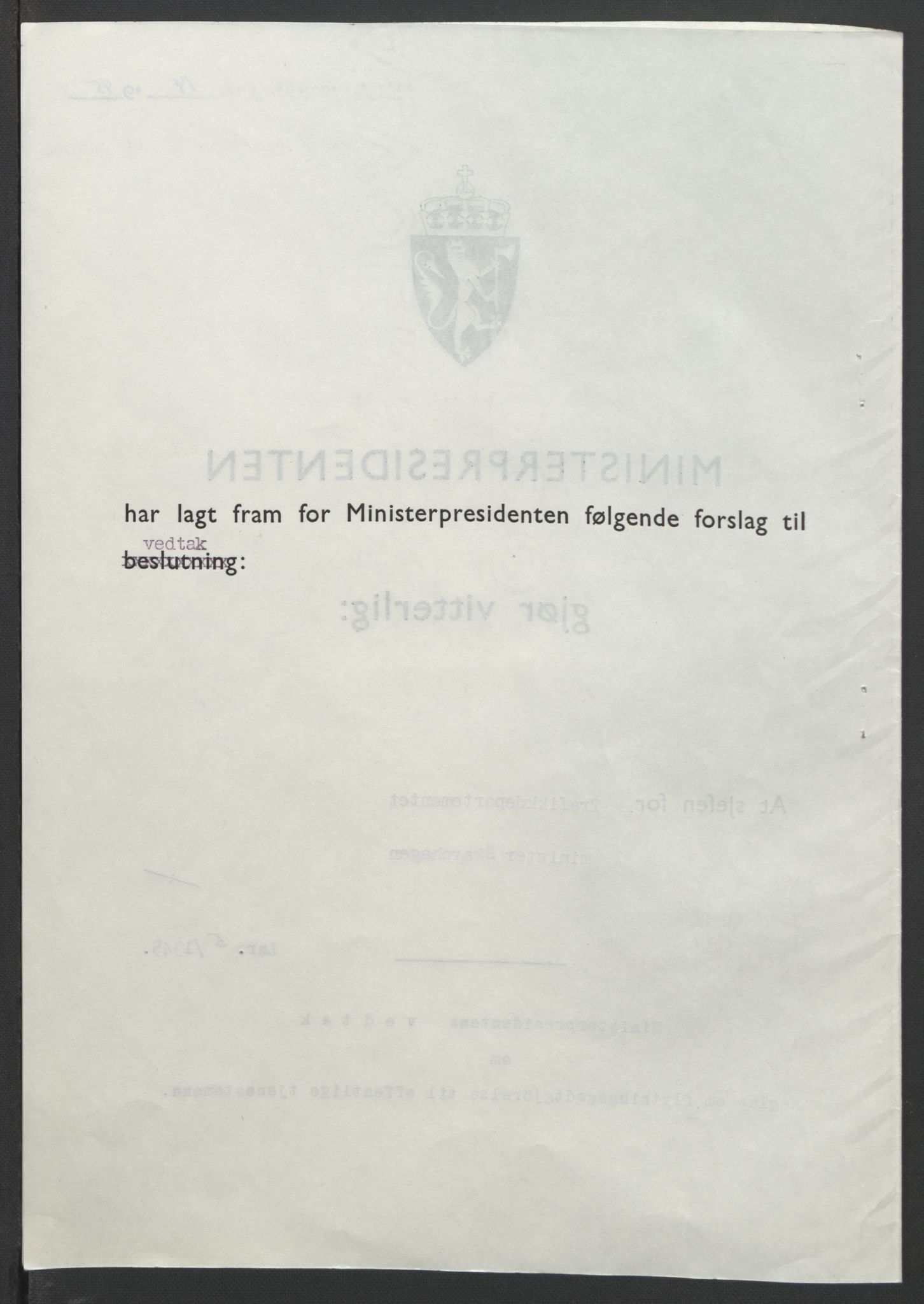 NS-administrasjonen 1940-1945 (Statsrådsekretariatet, de kommisariske statsråder mm), AV/RA-S-4279/D/Db/L0101/0001: -- / Lover og vedtak, 1945, p. 185