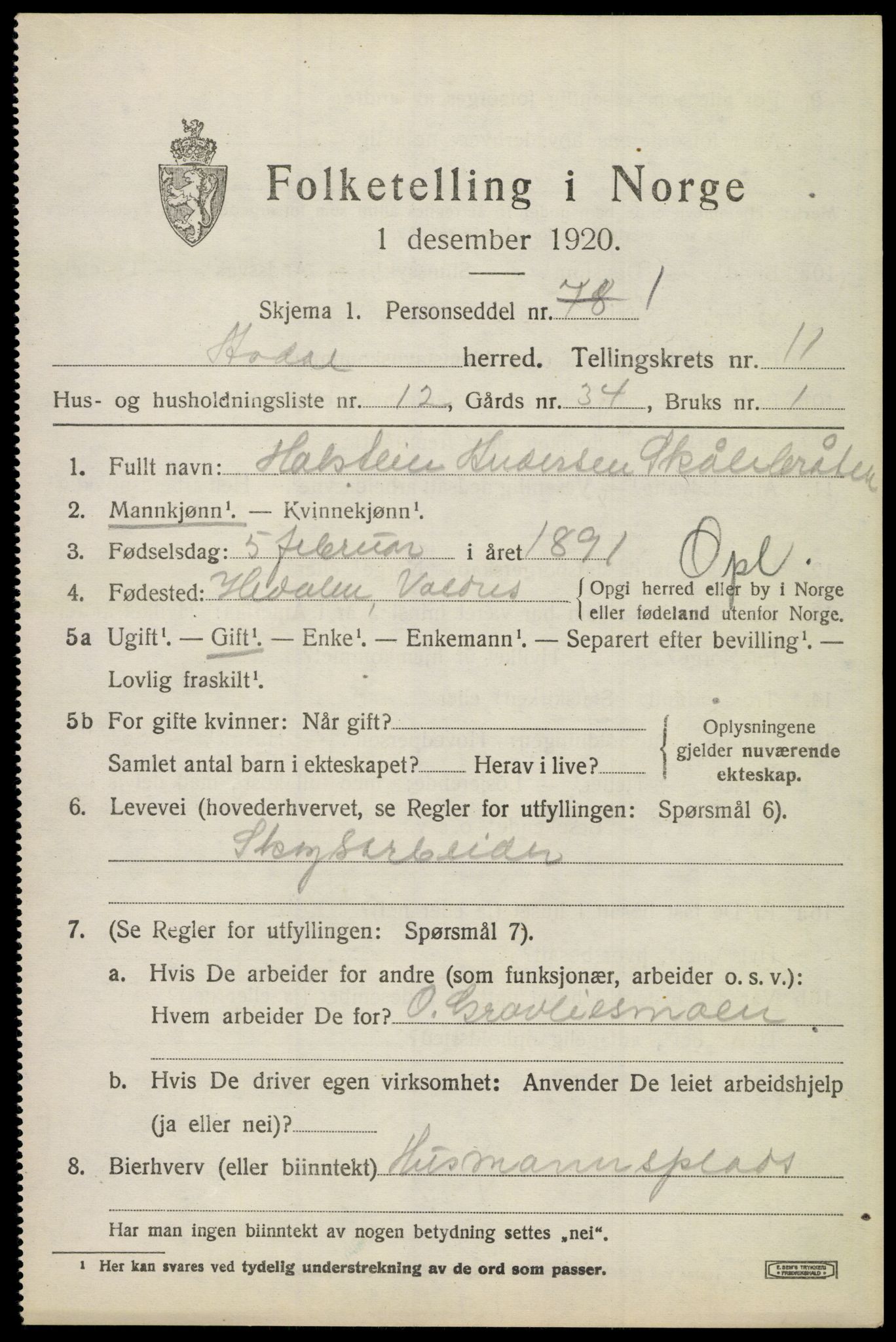 SAKO, 1920 census for Ådal, 1920, p. 6762