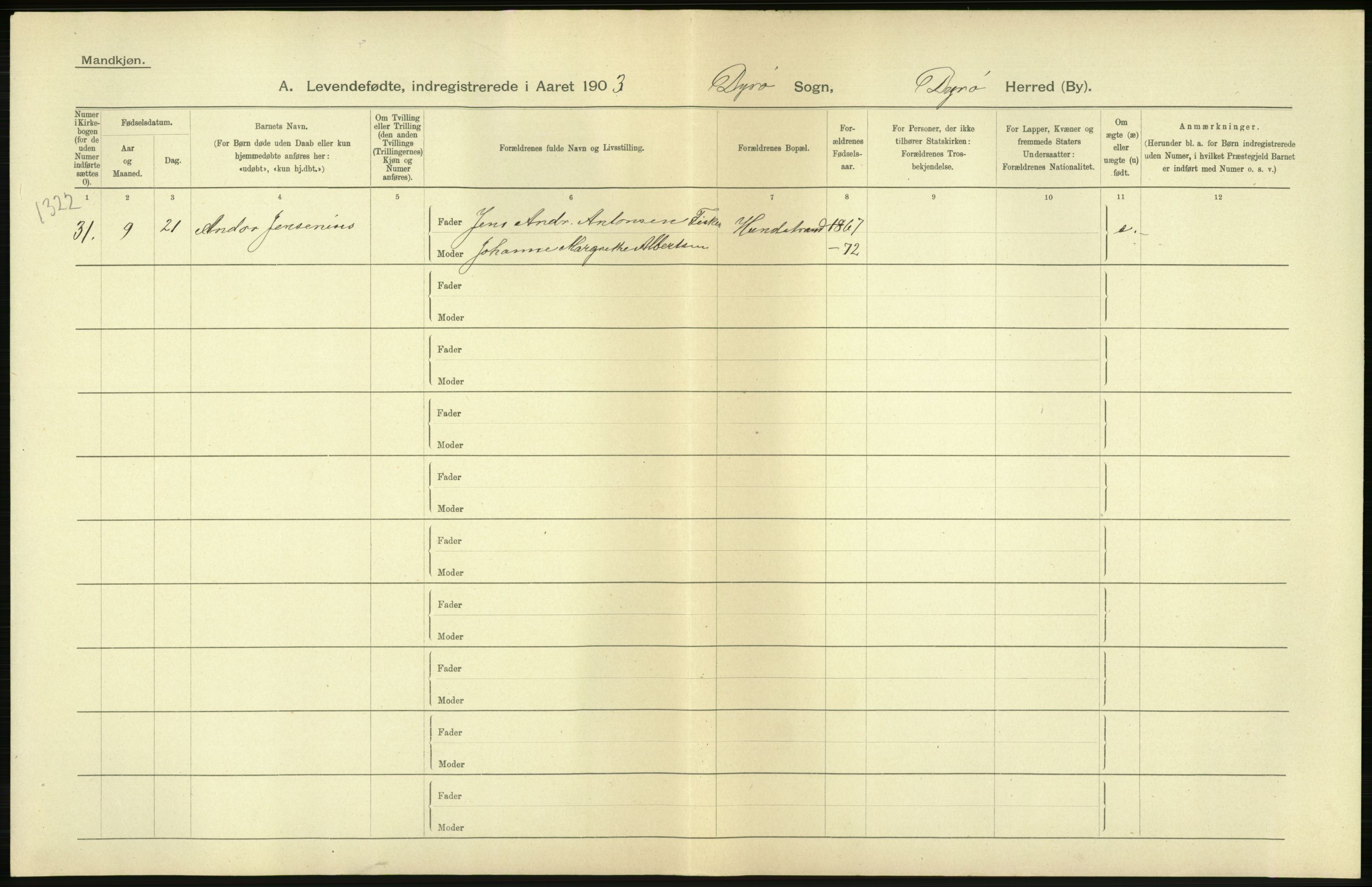 Statistisk sentralbyrå, Sosiodemografiske emner, Befolkning, AV/RA-S-2228/D/Df/Dfa/Dfaa/L0021: Tromsø amt: Fødte, gifte, døde., 1903, p. 16