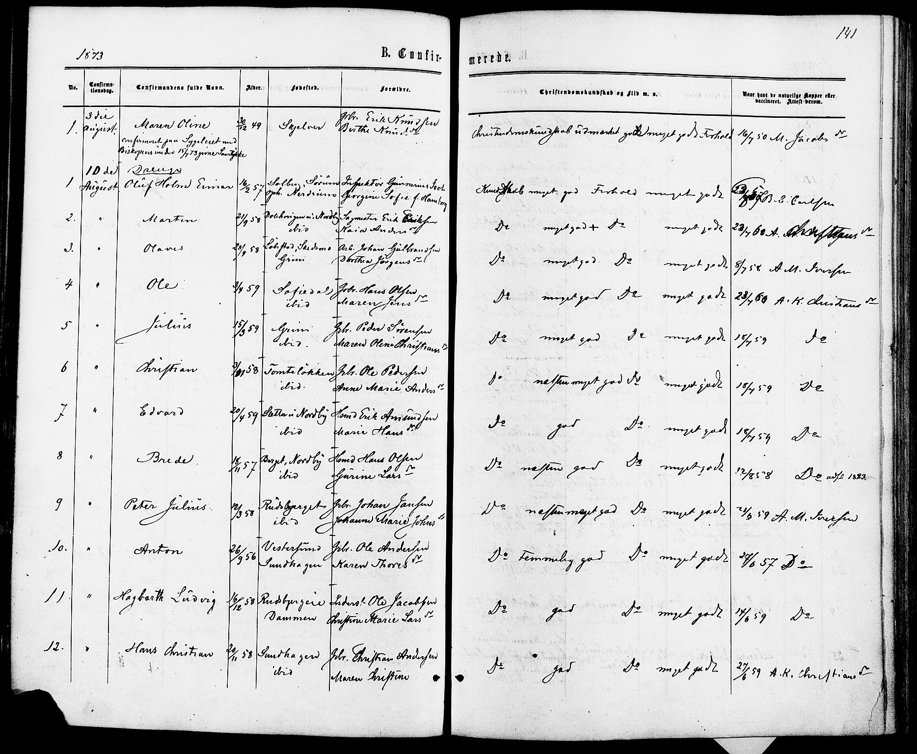 Fet prestekontor Kirkebøker, AV/SAO-A-10370a/F/Fa/L0013: Parish register (official) no. I 13, 1867-1877, p. 141