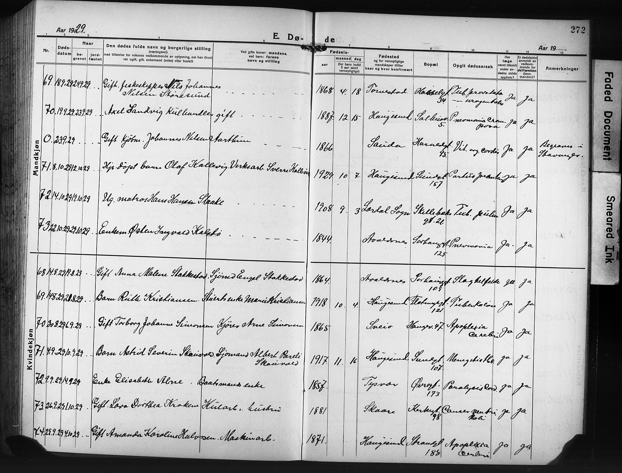 Haugesund sokneprestkontor, AV/SAST-A -101863/H/Ha/Hab/L0010: Parish register (copy) no. B 10, 1920-1931, p. 272