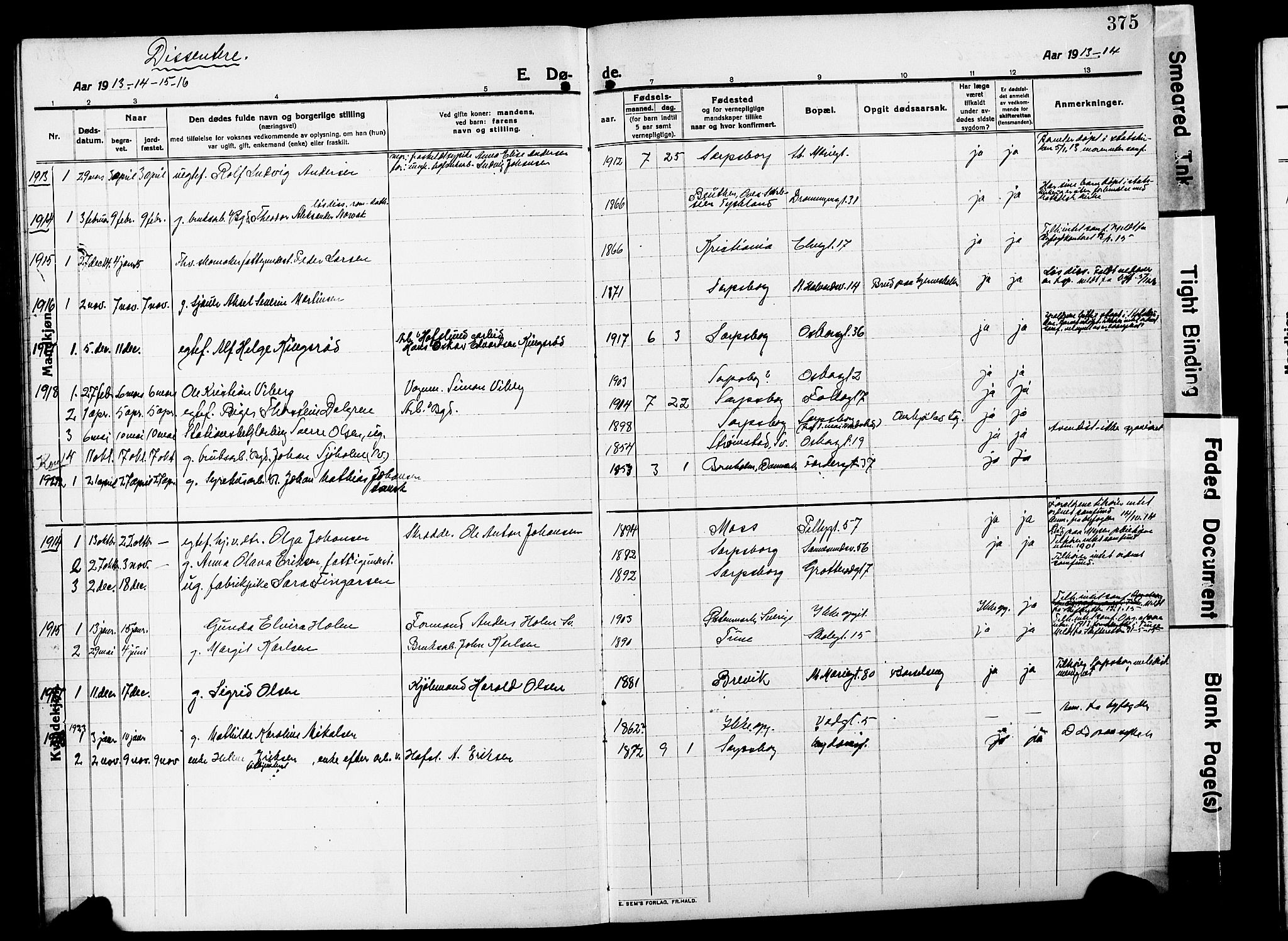 Sarpsborg prestekontor Kirkebøker, AV/SAO-A-2006/G/Ga/L0002: Parish register (copy) no. 2, 1912-1931, p. 375