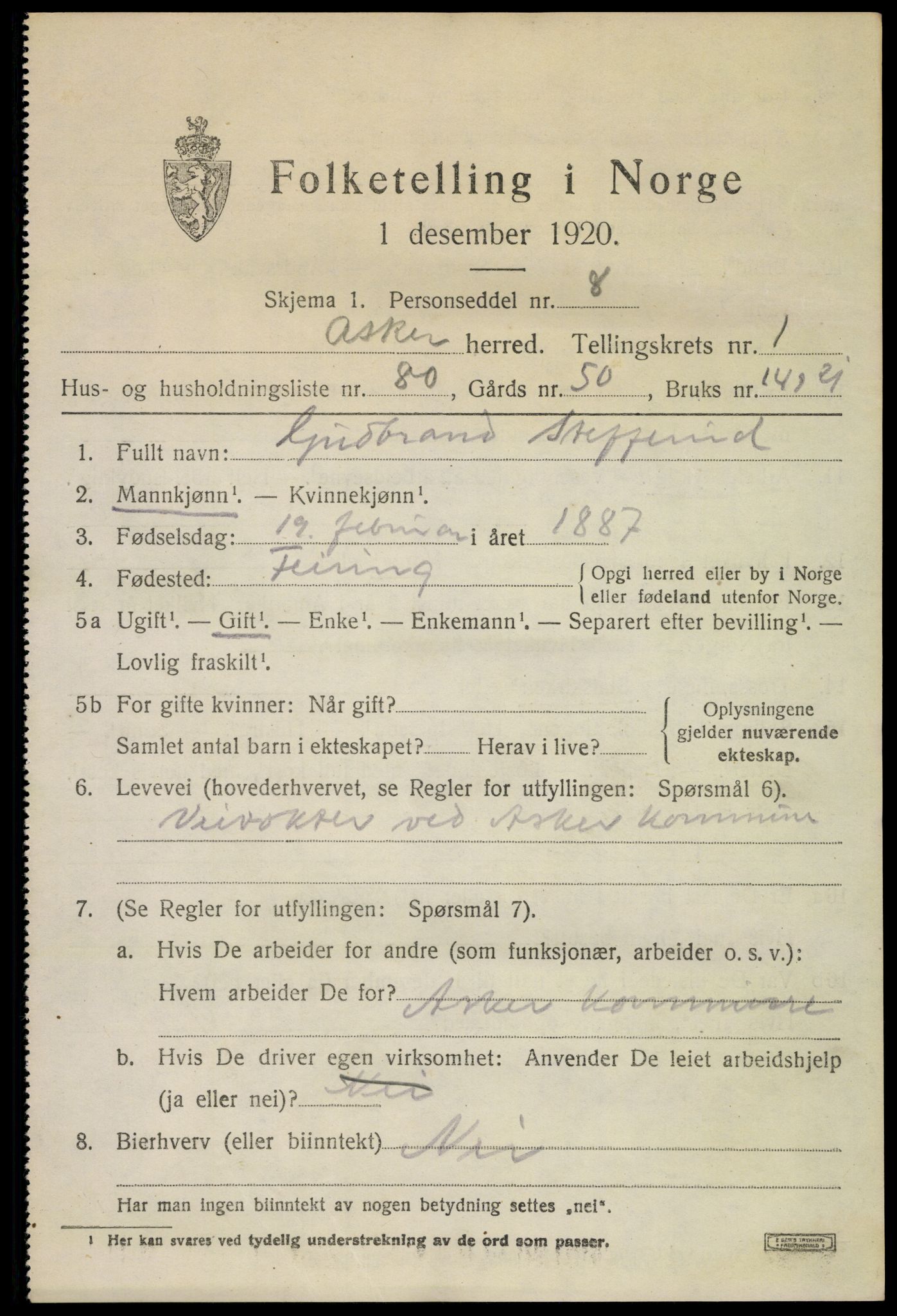 SAO, 1920 census for Asker, 1920, p. 3526