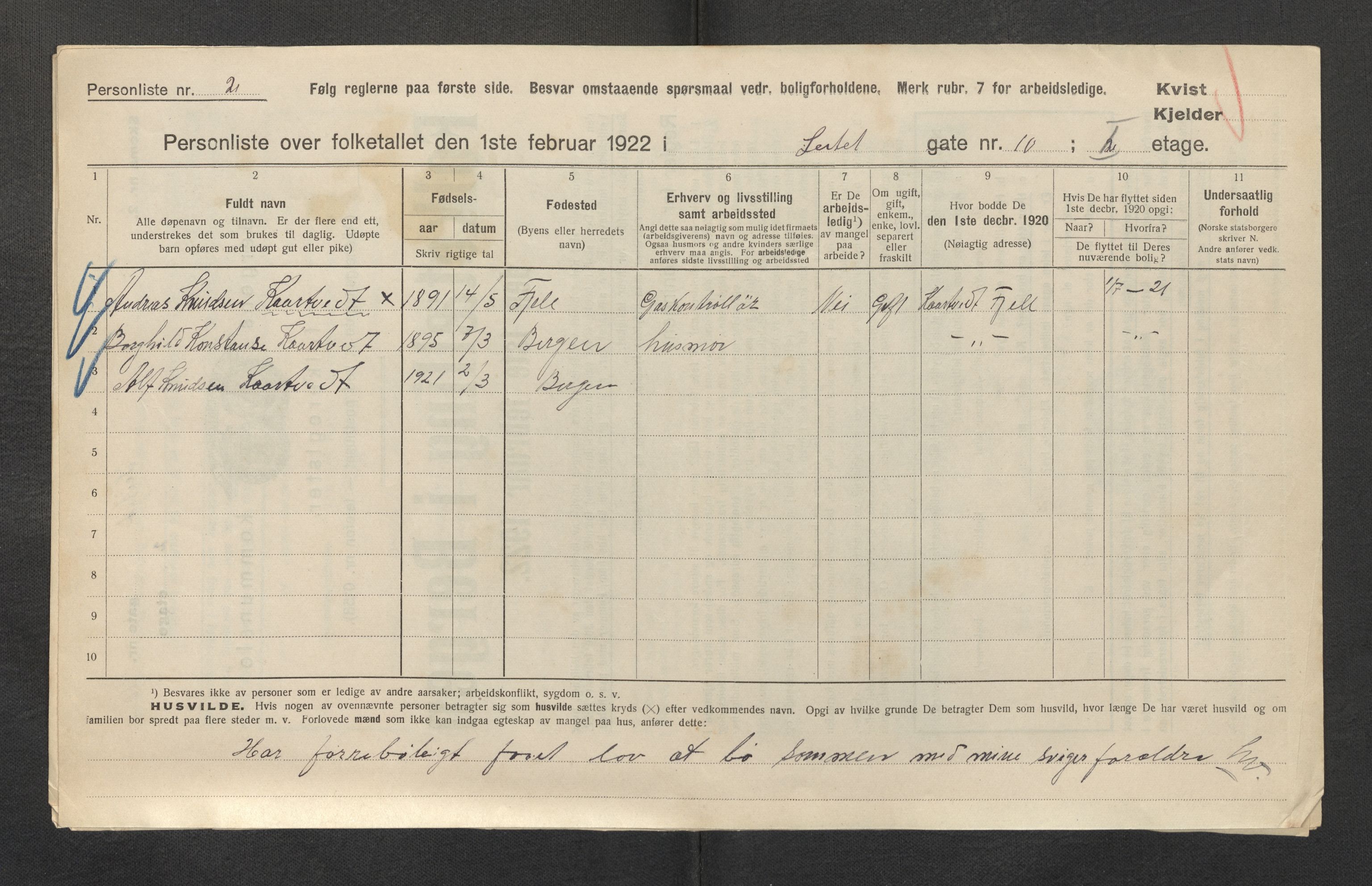 SAB, Municipal Census 1922 for Bergen, 1922, p. 22503