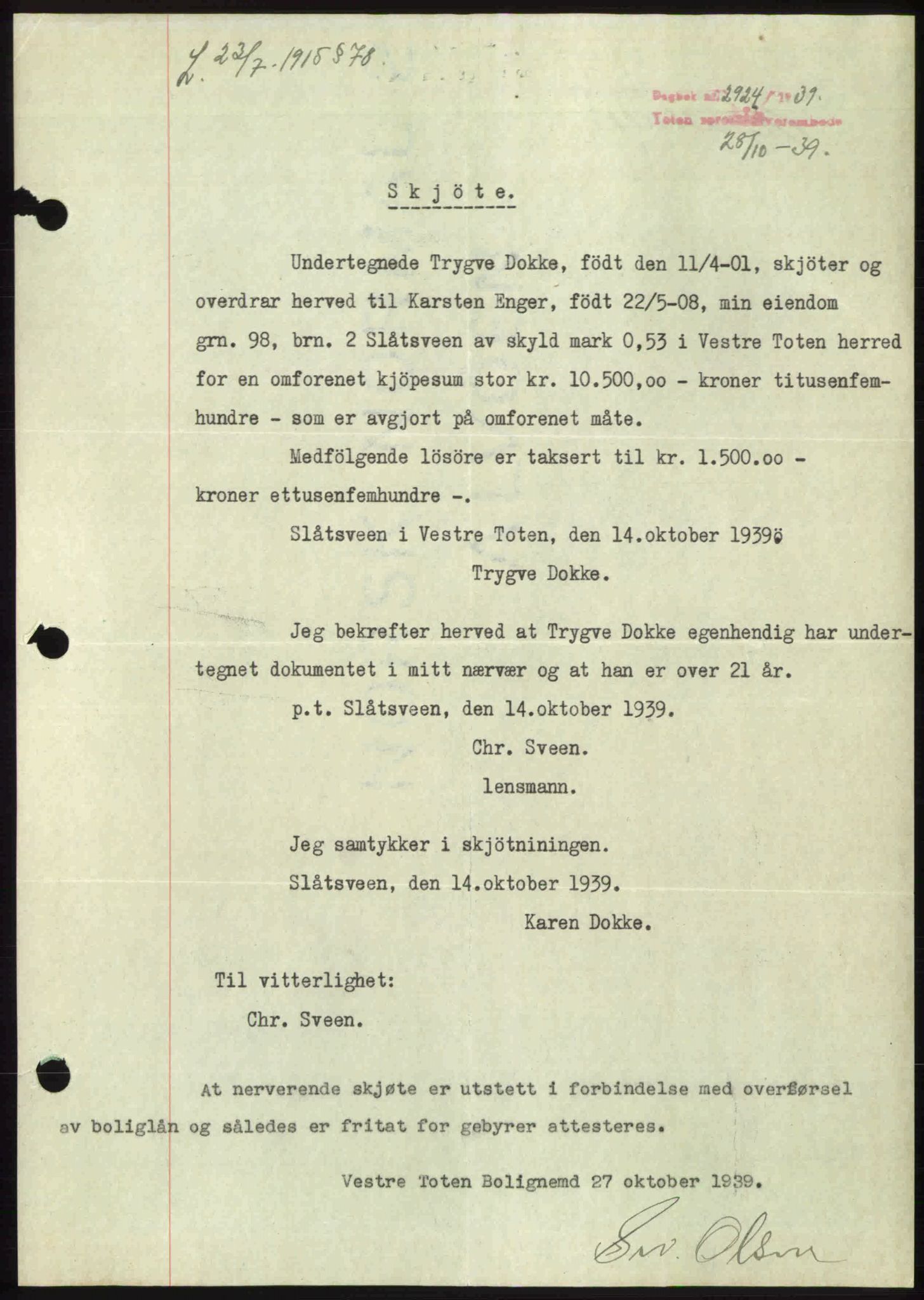 Toten tingrett, SAH/TING-006/H/Hb/Hbc/L0006: Mortgage book no. Hbc-06, 1939-1939, Diary no: : 2924/1939