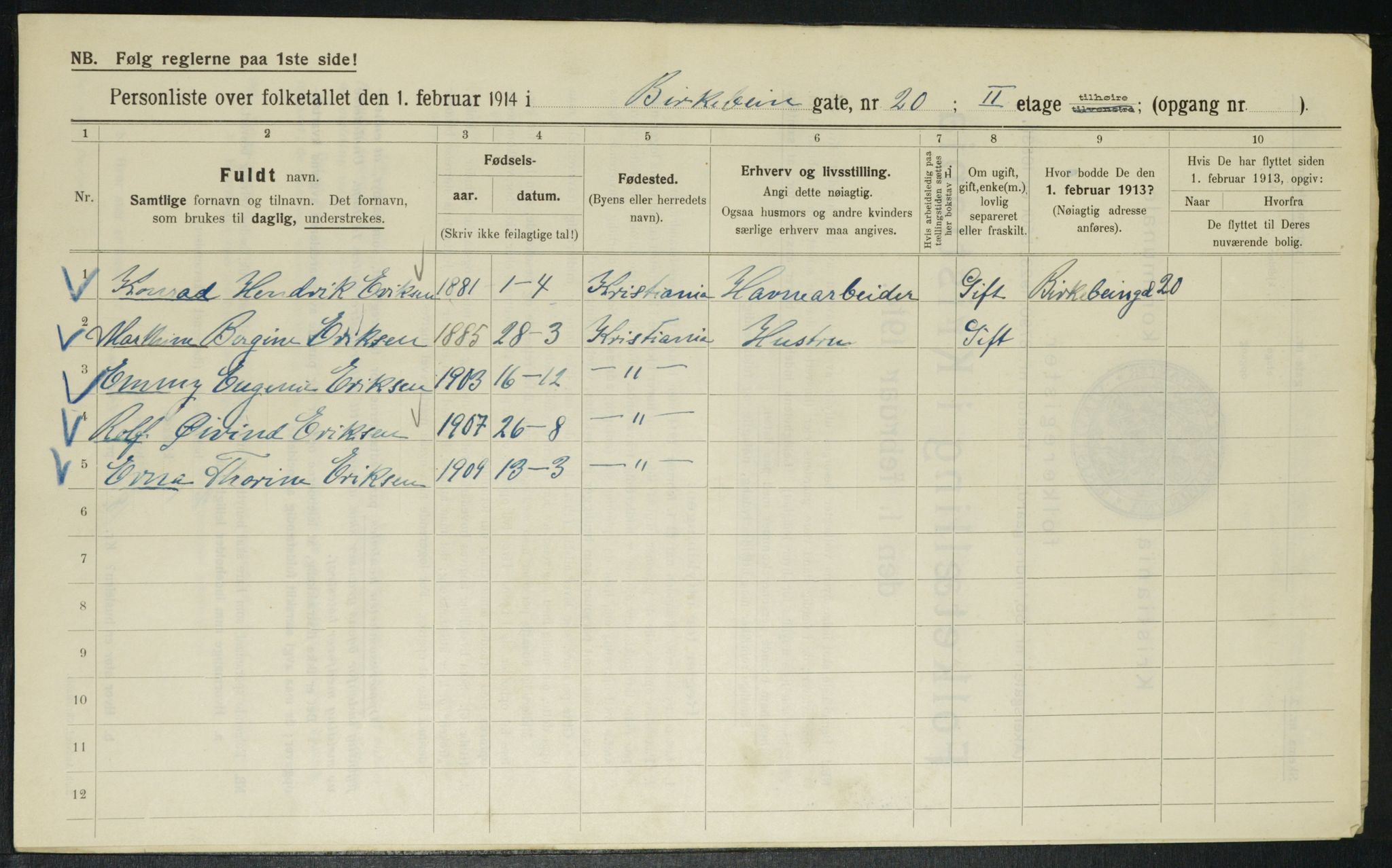 OBA, Municipal Census 1914 for Kristiania, 1914, p. 5008