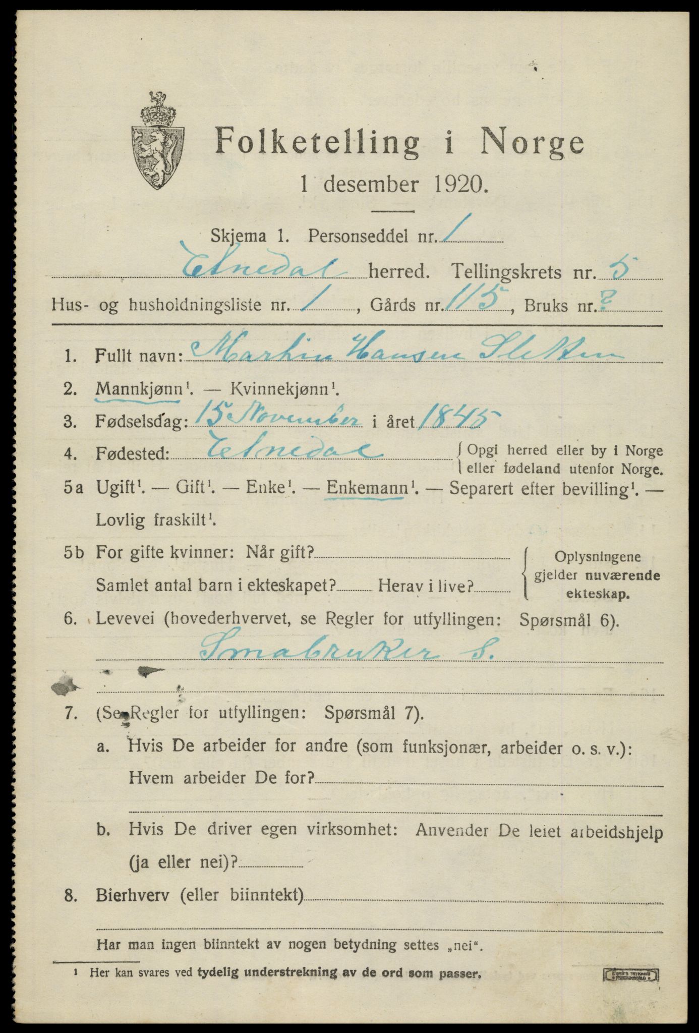 SAH, 1920 census for Etnedal, 1920, p. 1918