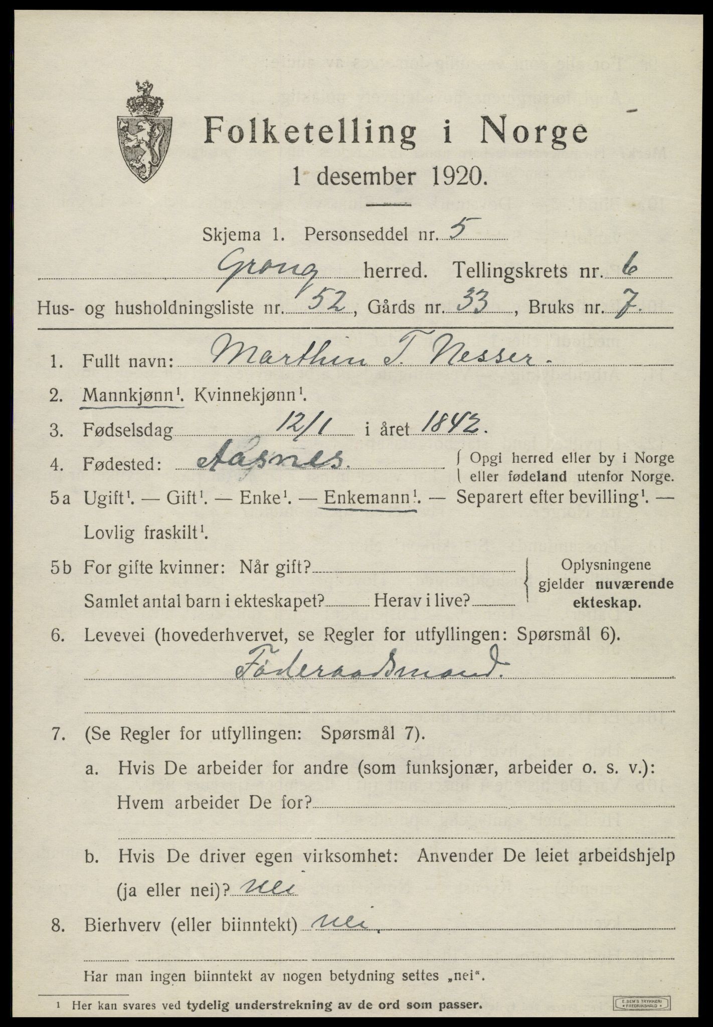 SAT, 1920 census for Grong, 1920, p. 4099