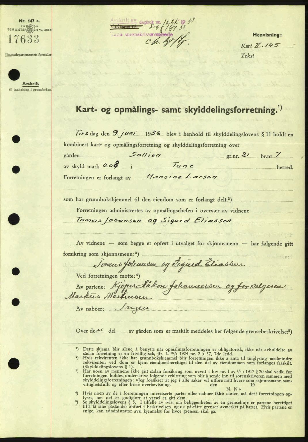 Tune sorenskriveri, AV/SAO-A-10470/G/Gb/Gbg/Gbgb/L0003: Mortgage book no. A3, 1938-1938, Diary no: : 1222/1938