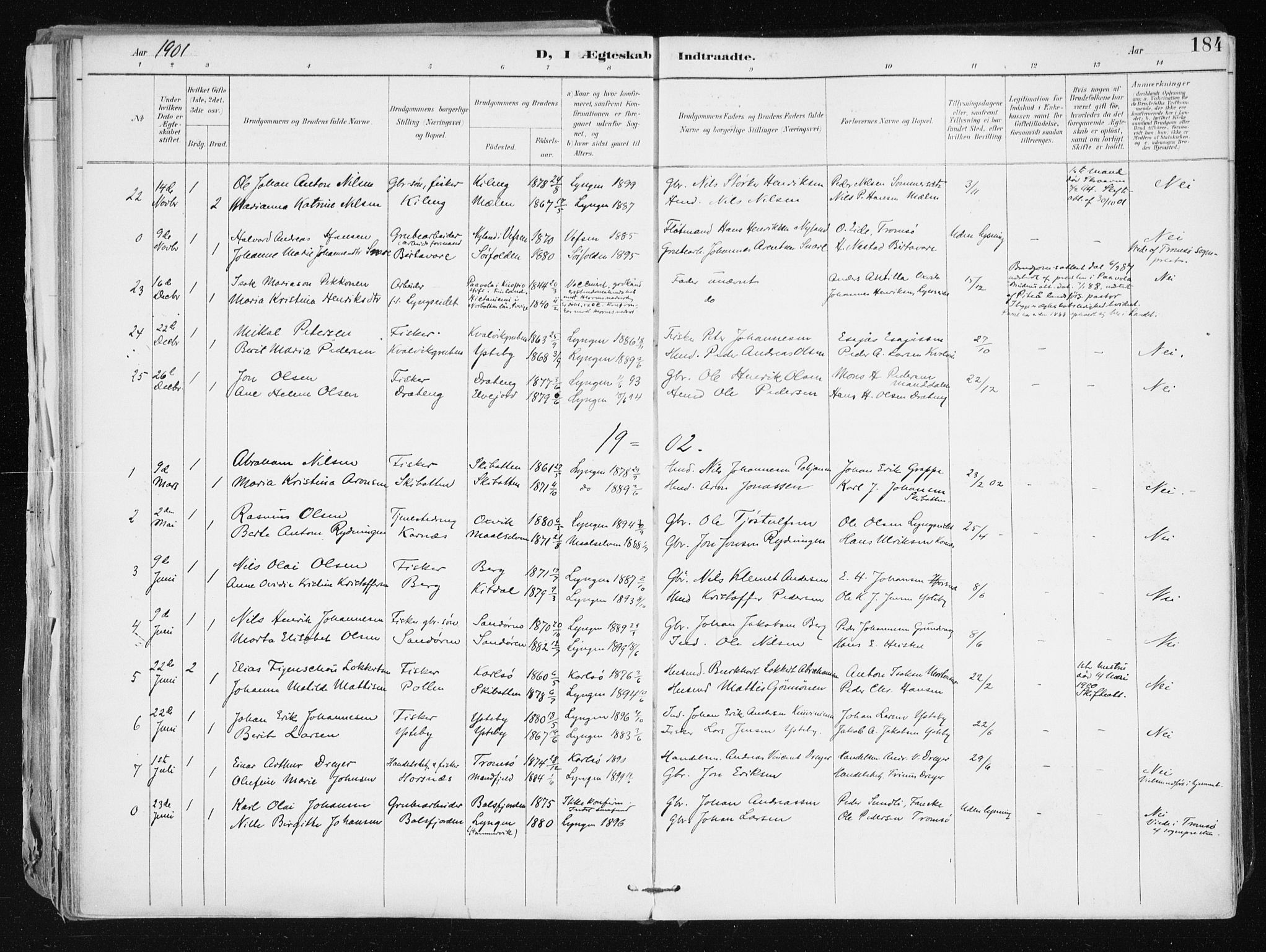 Lyngen sokneprestembete, SATØ/S-1289/H/He/Hea/L0008kirke: Parish register (official) no. 8, 1891-1902, p. 184
