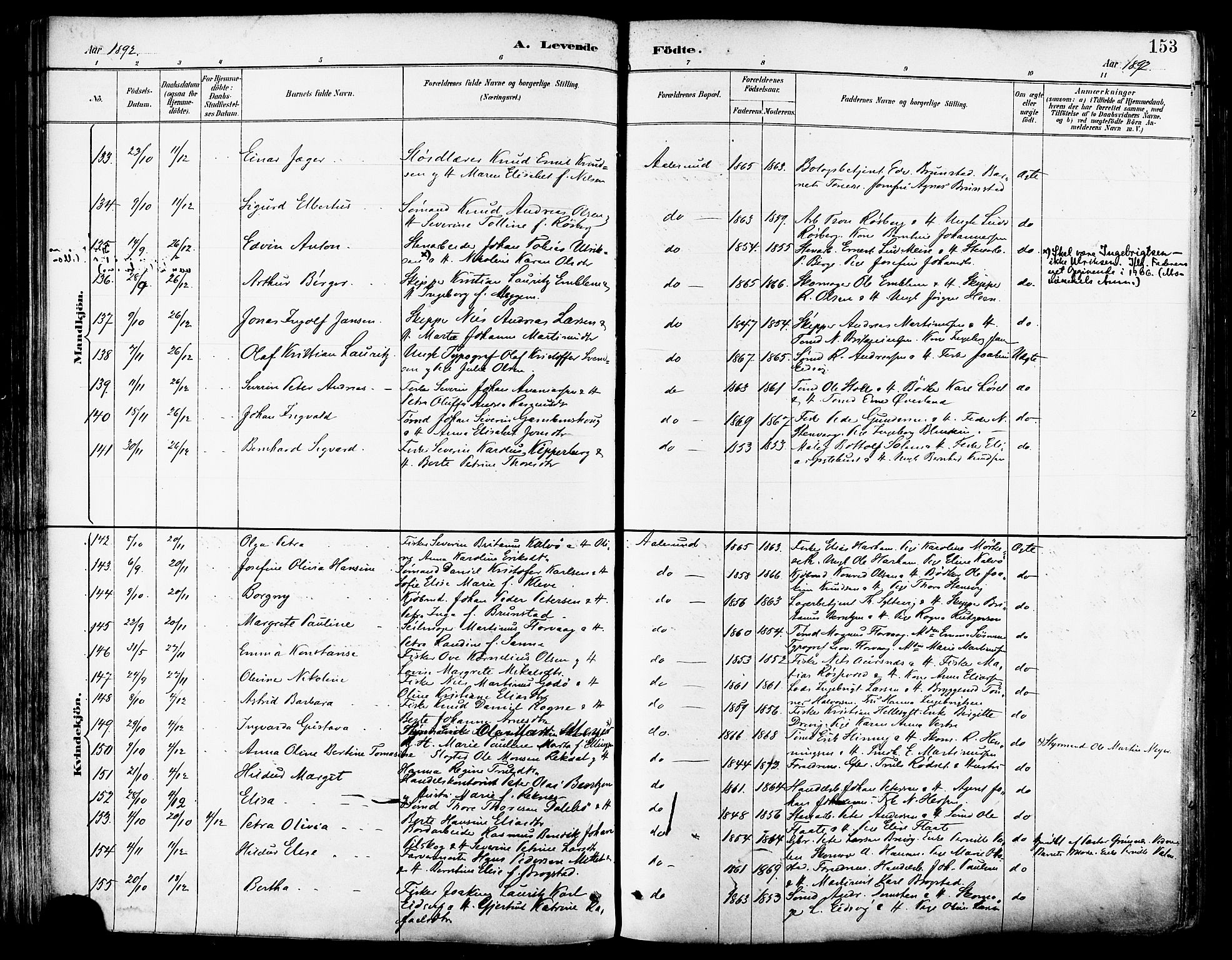 Ministerialprotokoller, klokkerbøker og fødselsregistre - Møre og Romsdal, AV/SAT-A-1454/529/L0455: Parish register (official) no. 529A05, 1885-1893, p. 153