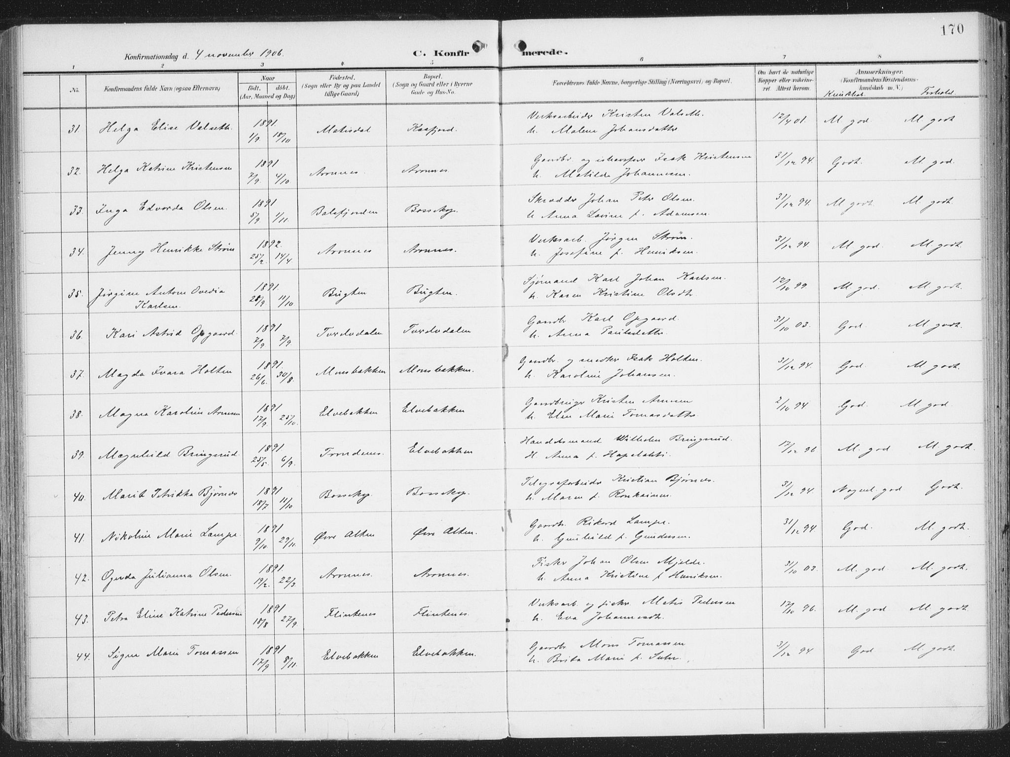 Alta sokneprestkontor, SATØ/S-1338/H/Ha/L0005.kirke: Parish register (official) no. 5, 1904-1918, p. 170